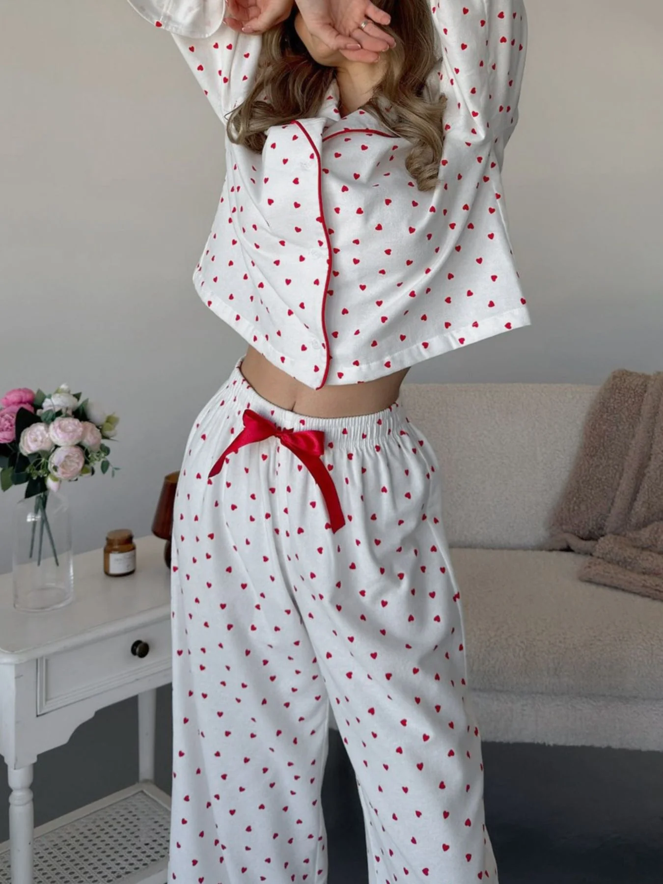 Heart Print Long Sleeve Top and Pants Lounge Set - Image 4