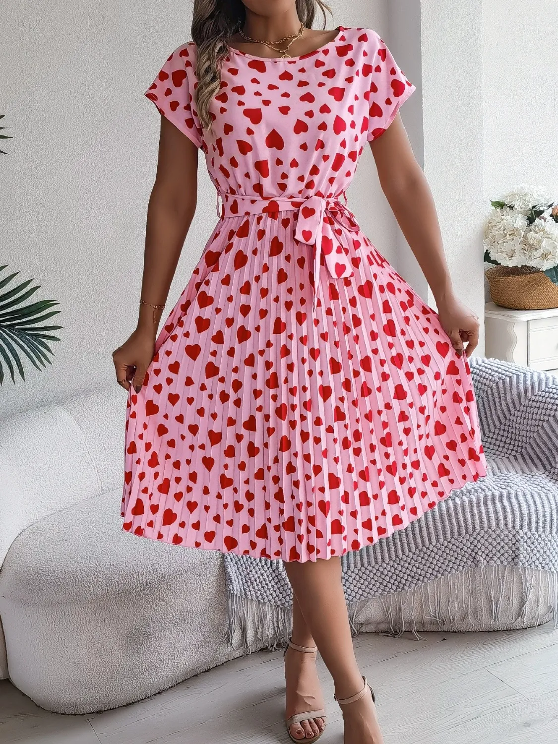 Heart Print Short Sleeve Tie Waist Dress - Image 5