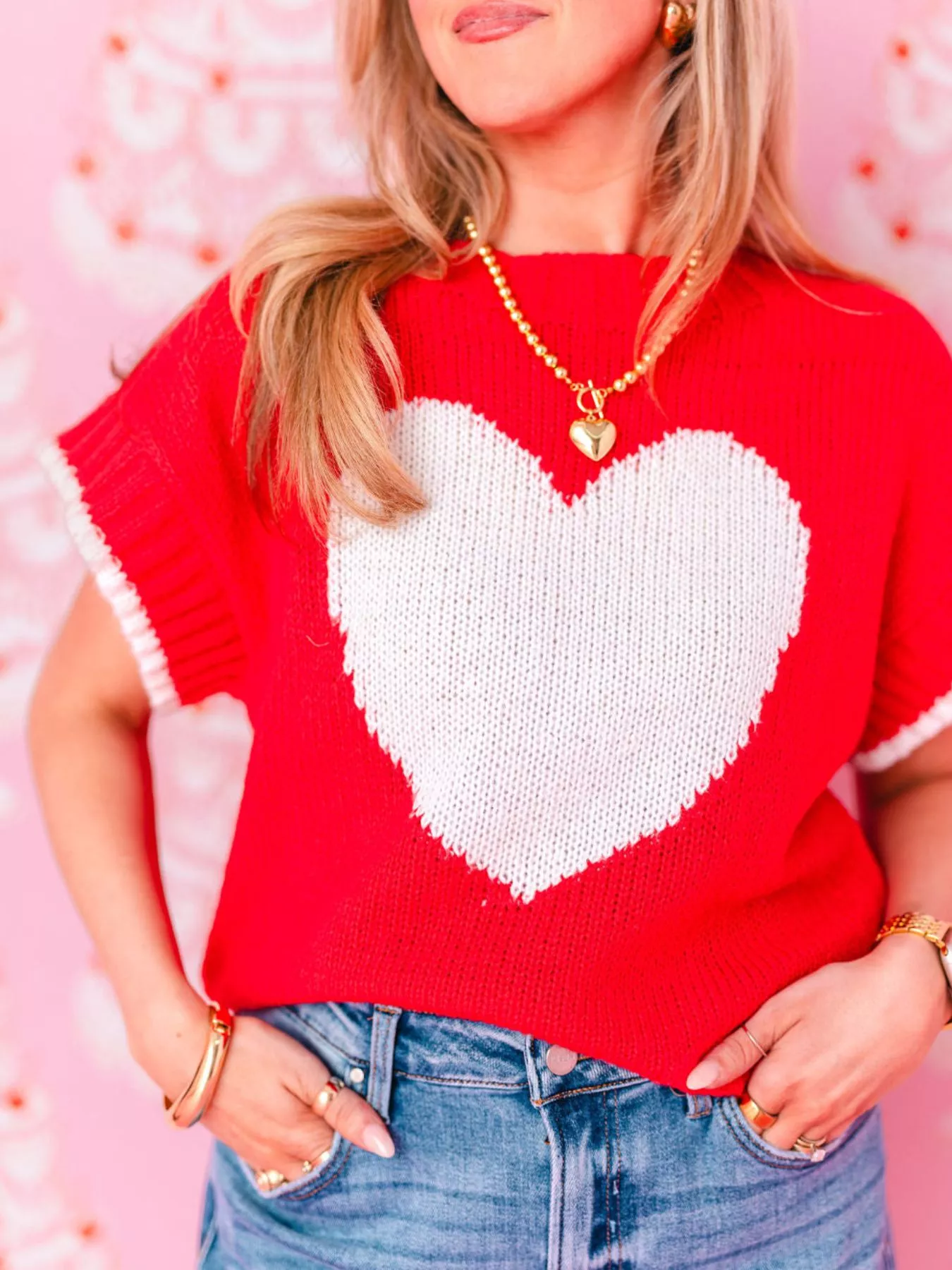 Heart Round Neck Short Sleeve Sweater - Image 2