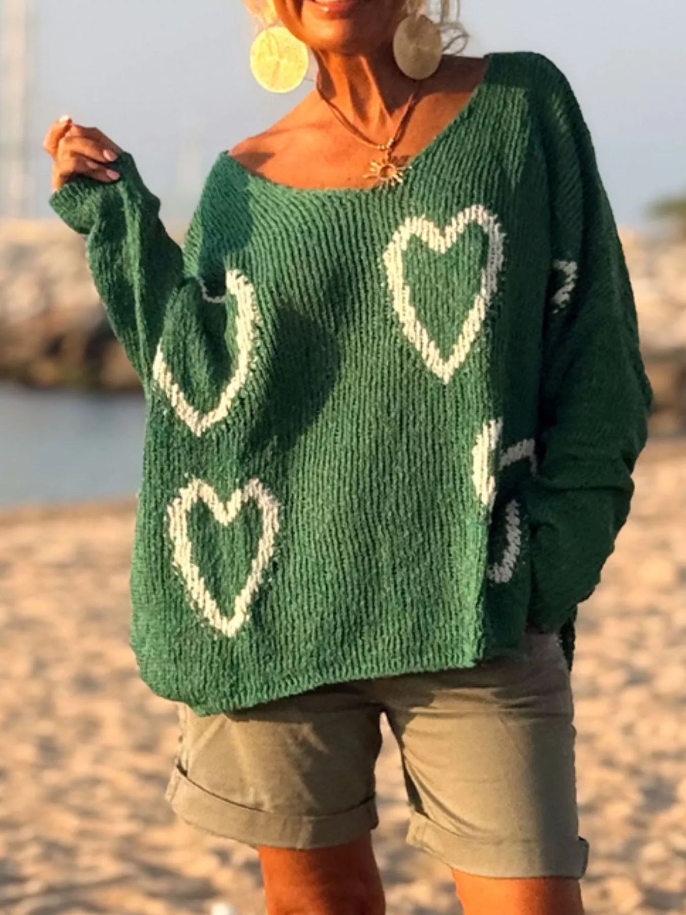 Heart V-Neck Dropped Shoulder Sweater - Image 17
