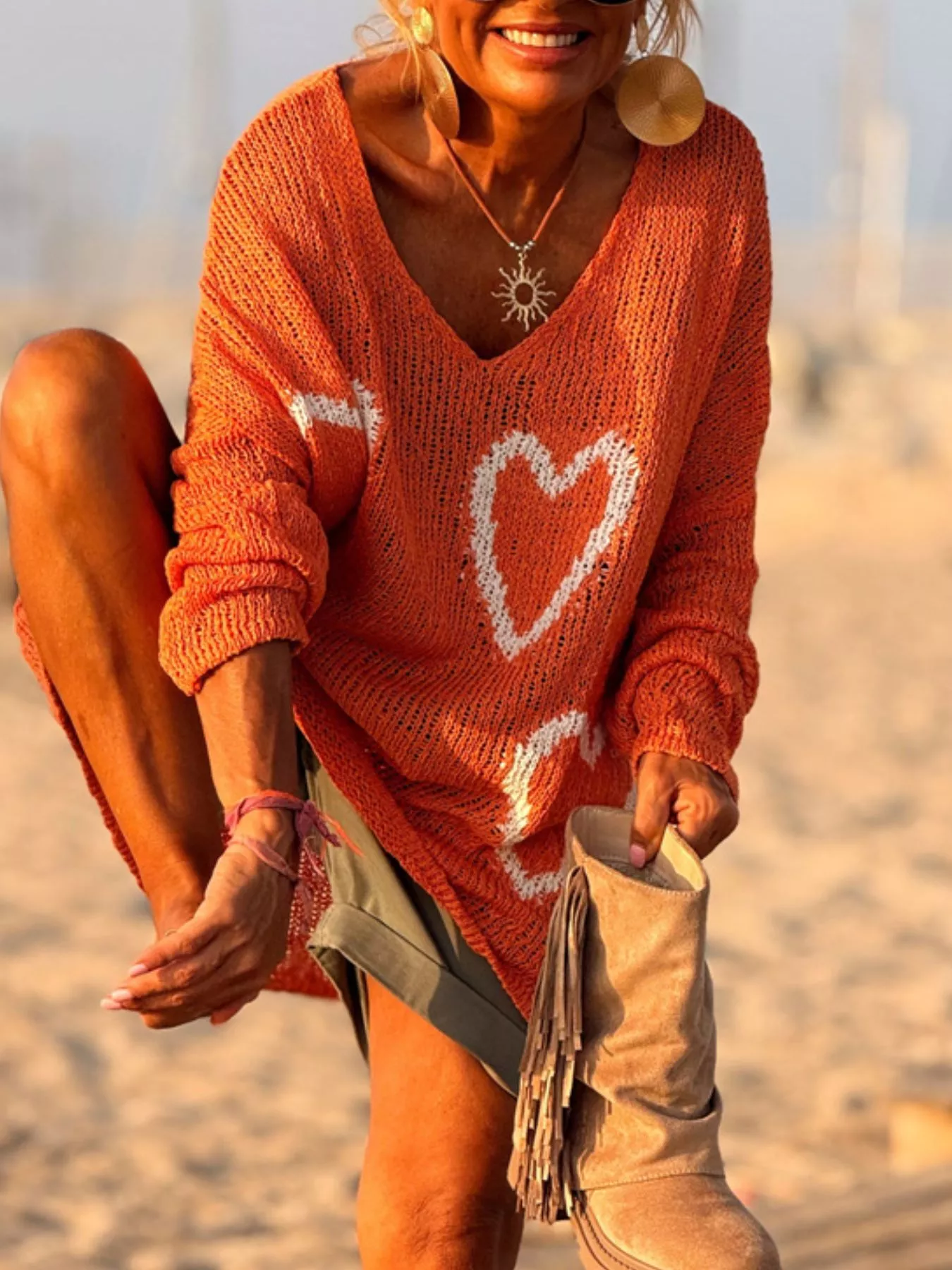 Heart V-Neck Dropped Shoulder Sweater - Image 22