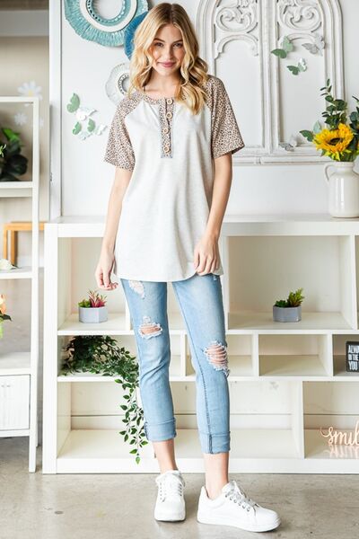 Heimish Full Size Animal Print Half Button Short Sleeve Top - Image 6
