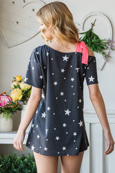 Heimish Full Size Star Print Asymmetrical Neck Short Sleeve Top - Image 2