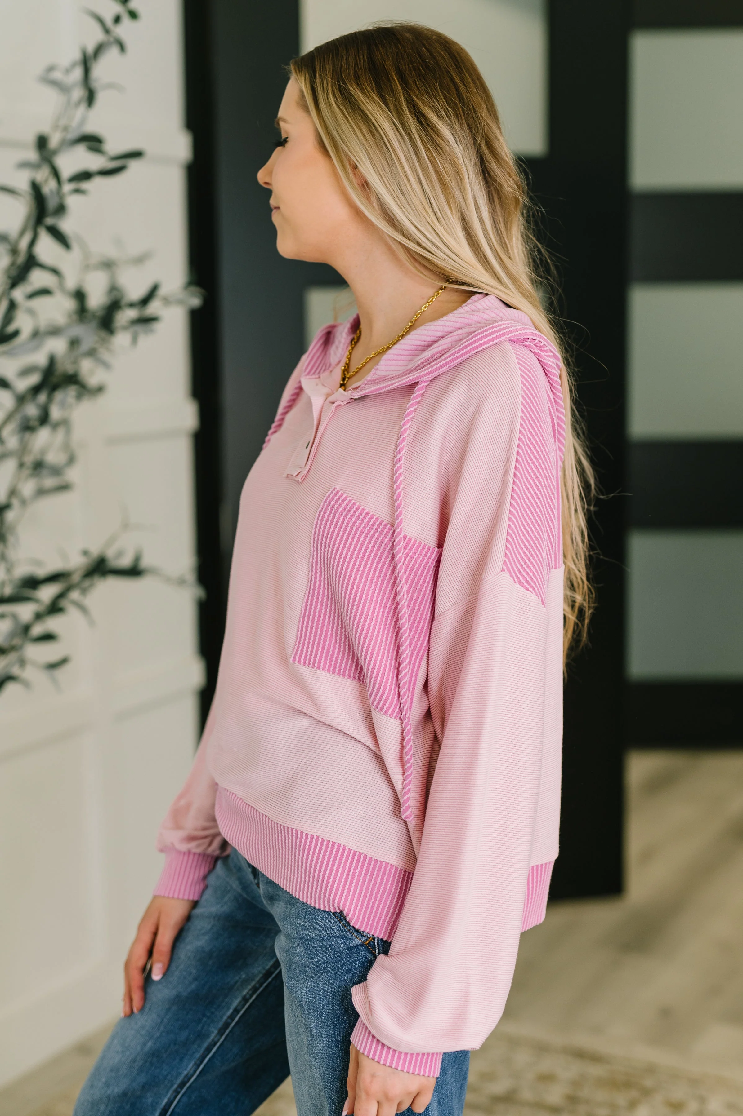 Here for Now Color Block Hoodie in Pink - Image 4
