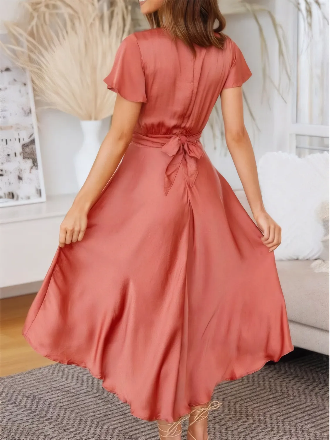High-Low Plunge Flutter Sleeve Dress - Image 3