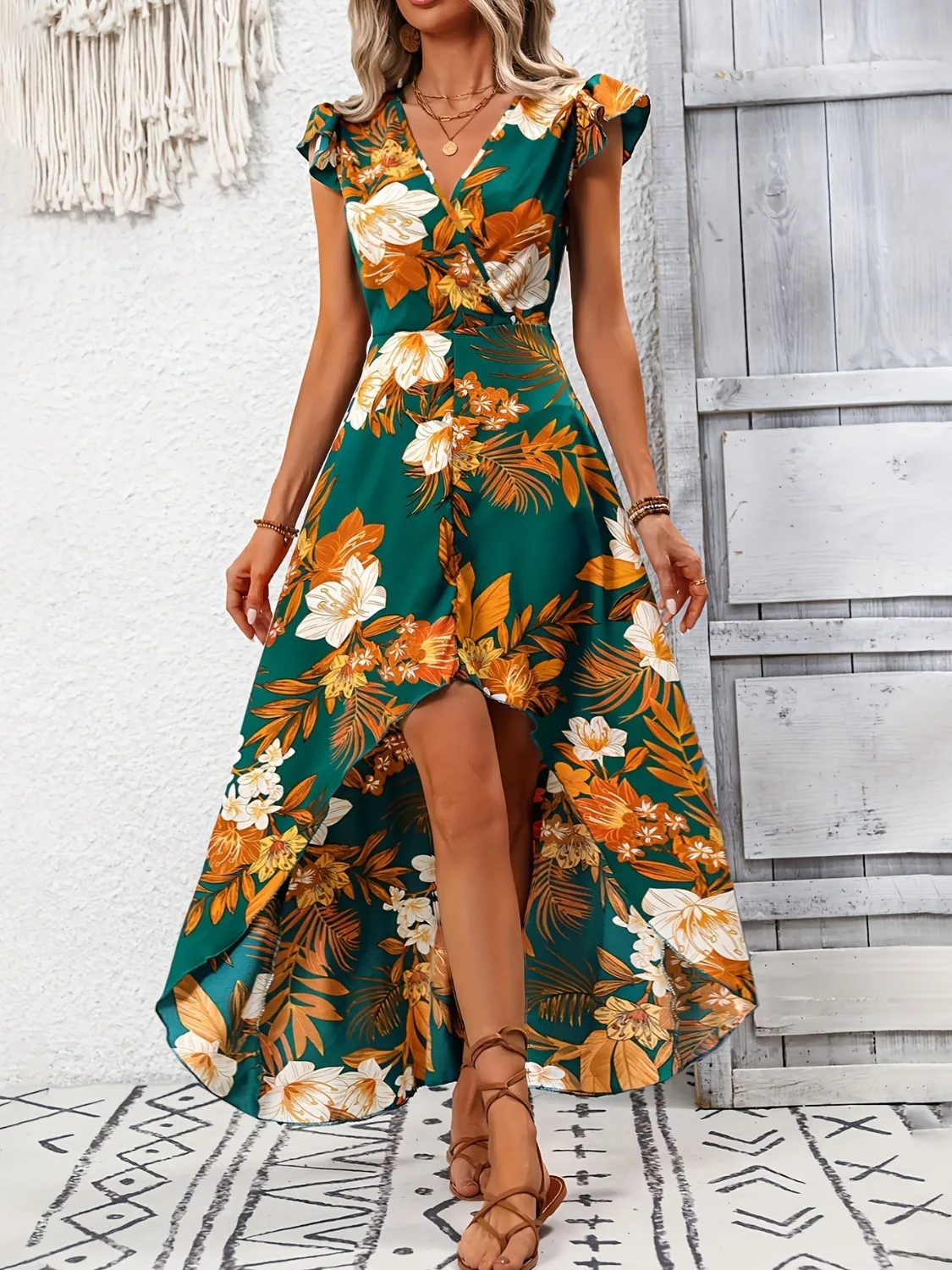 High-Low Printed Cap Sleeve Maxi Dress - Image 2