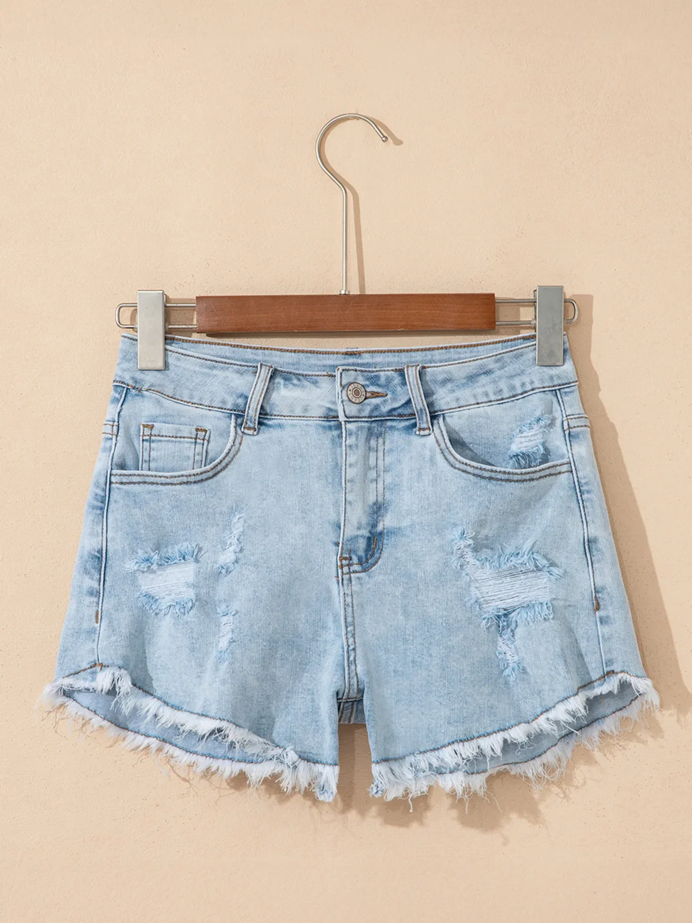High Rise Distressed Raw Hem Denim Shorts - Image 4
