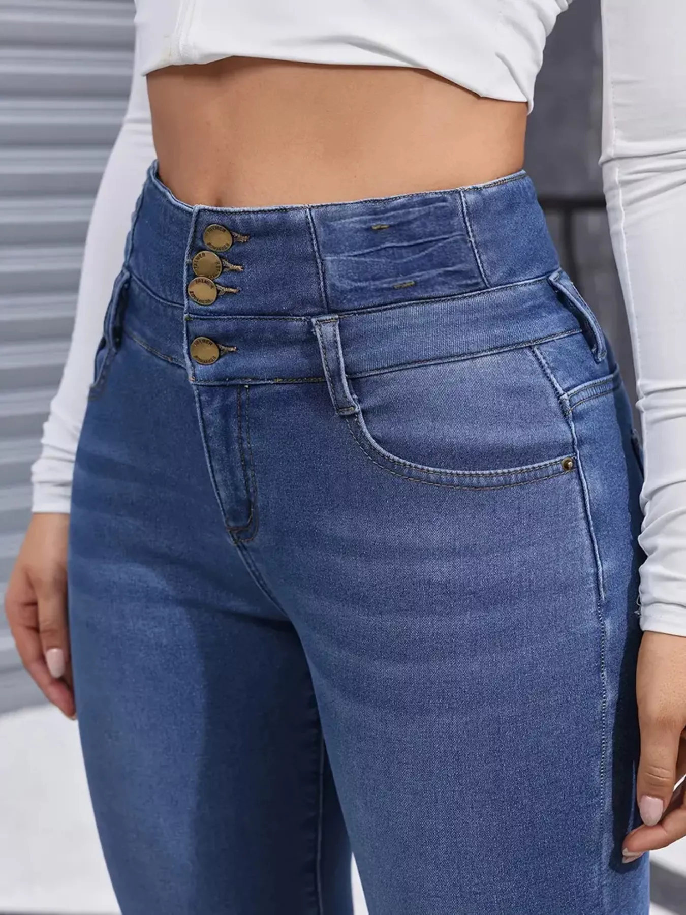 High Waist Button Fly Skinny Jeans - Image 6
