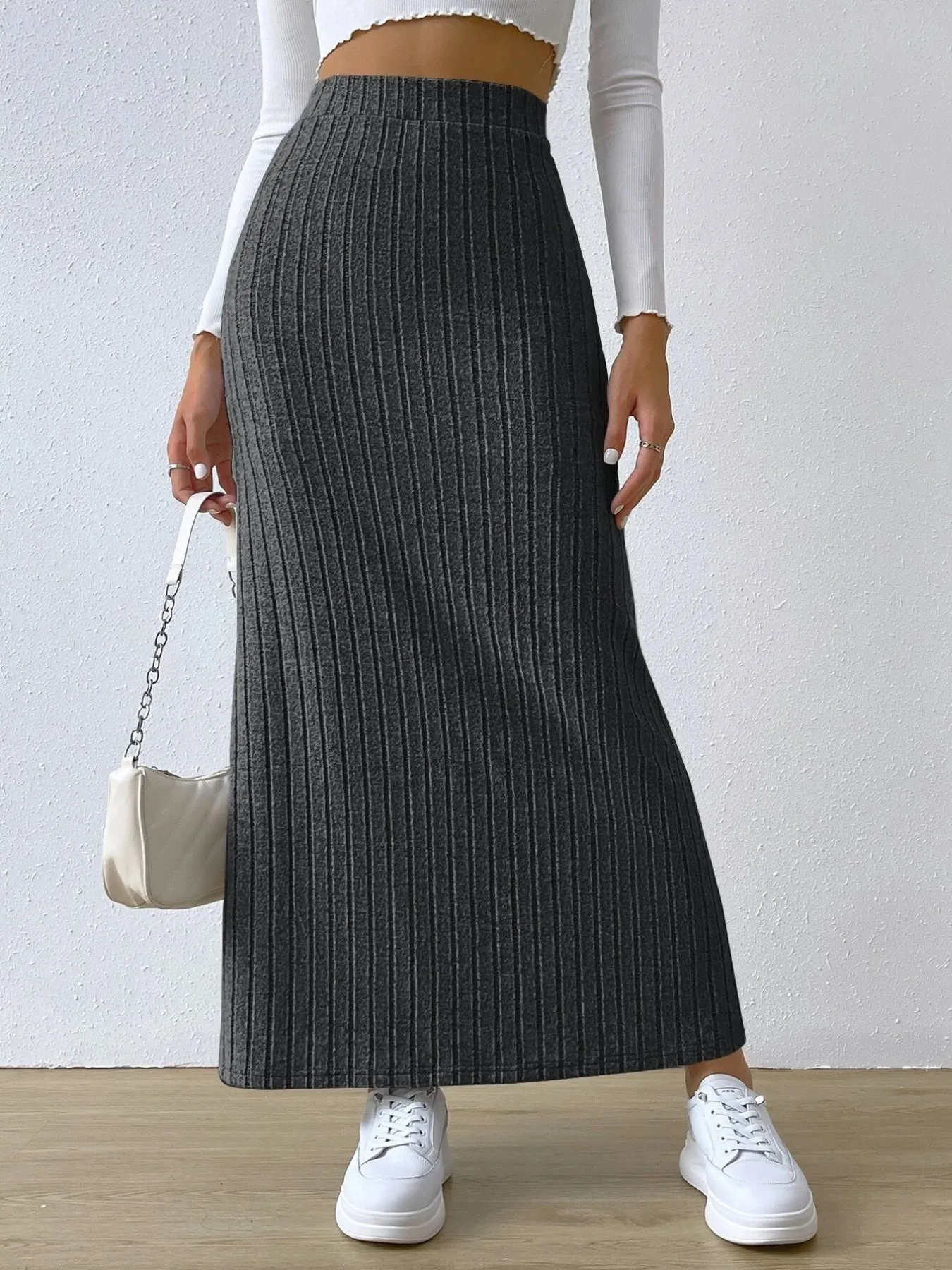 High Waist Ribbed Knit Maxi Skirt - Image 13