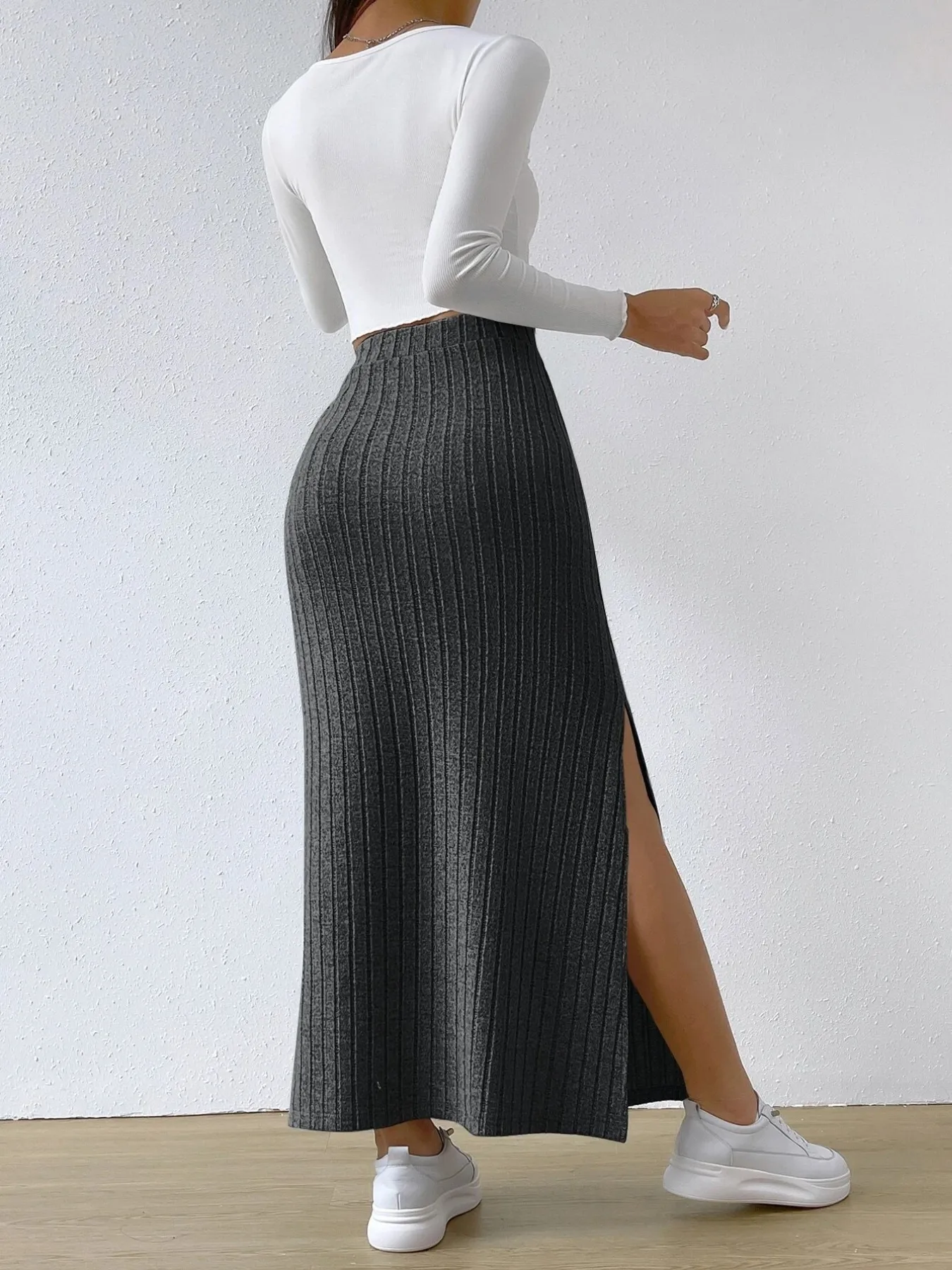 High Waist Ribbed Knit Maxi Skirt - Image 16