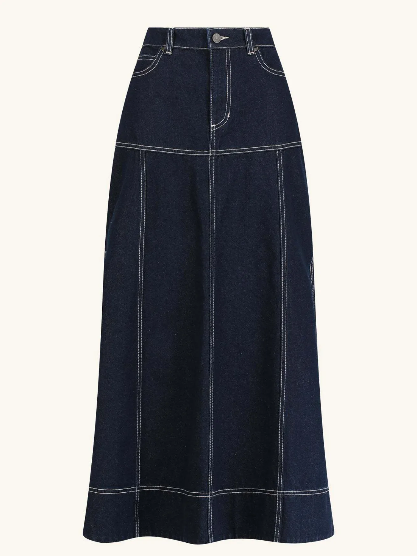 High-Waist Side Slit Contrast Stitch Denim Maxi Skirt - Image 2