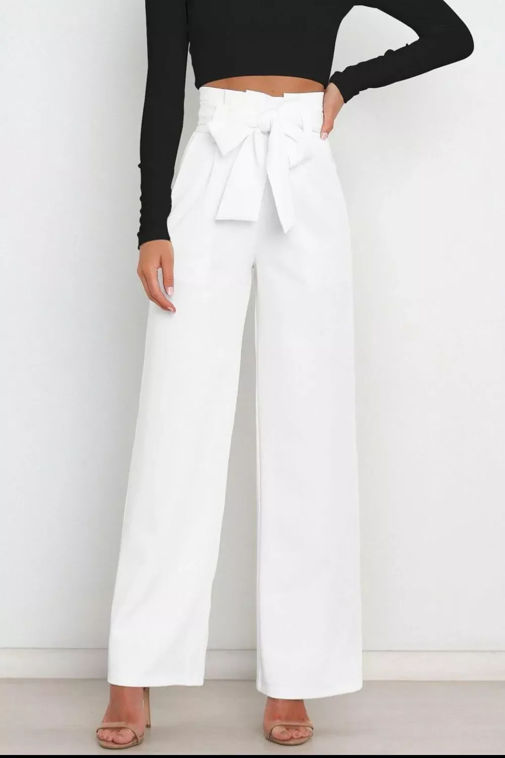 High Waist Tie Front Wide Leg Pants - Image 13