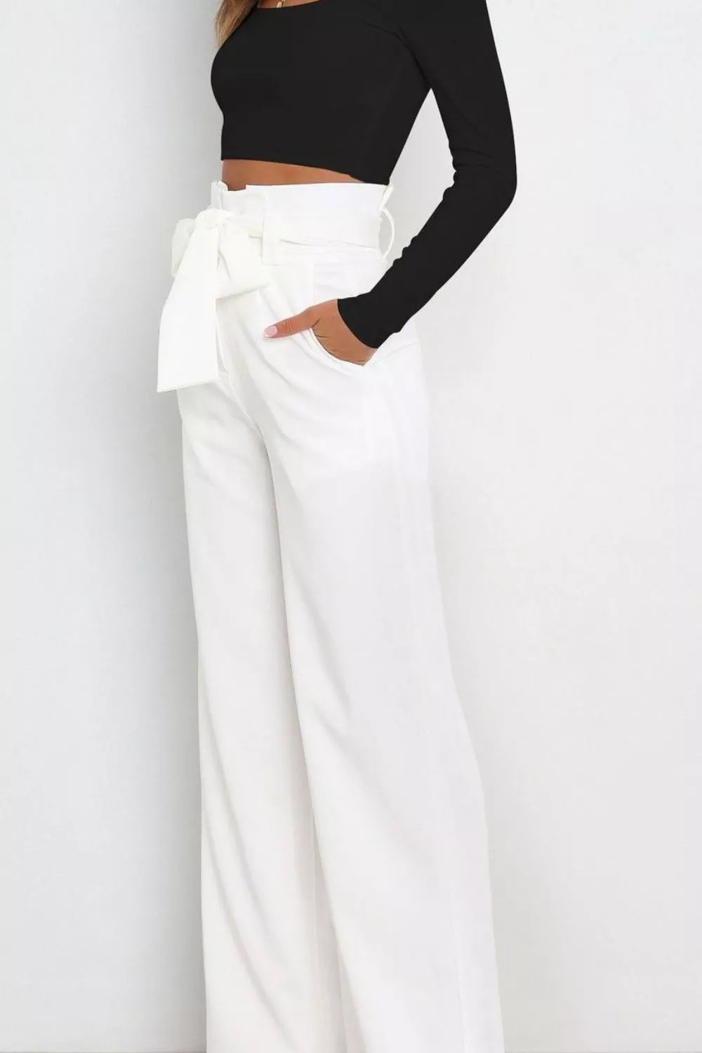 High Waist Tie Front Wide Leg Pants - Image 15