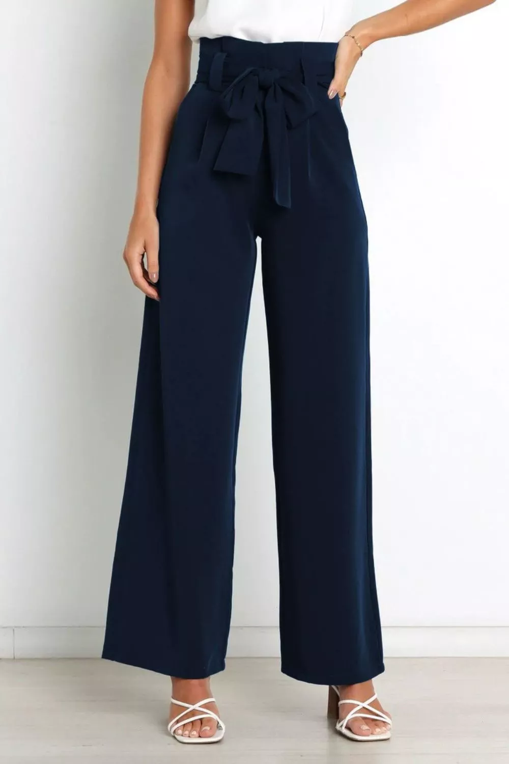 High Waist Tie Front Wide Leg Pants - Image 18
