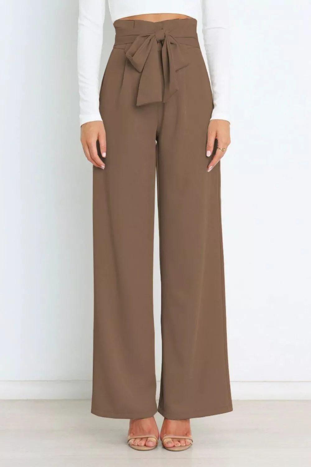 High Waist Tie Front Wide Leg Pants - Image 2