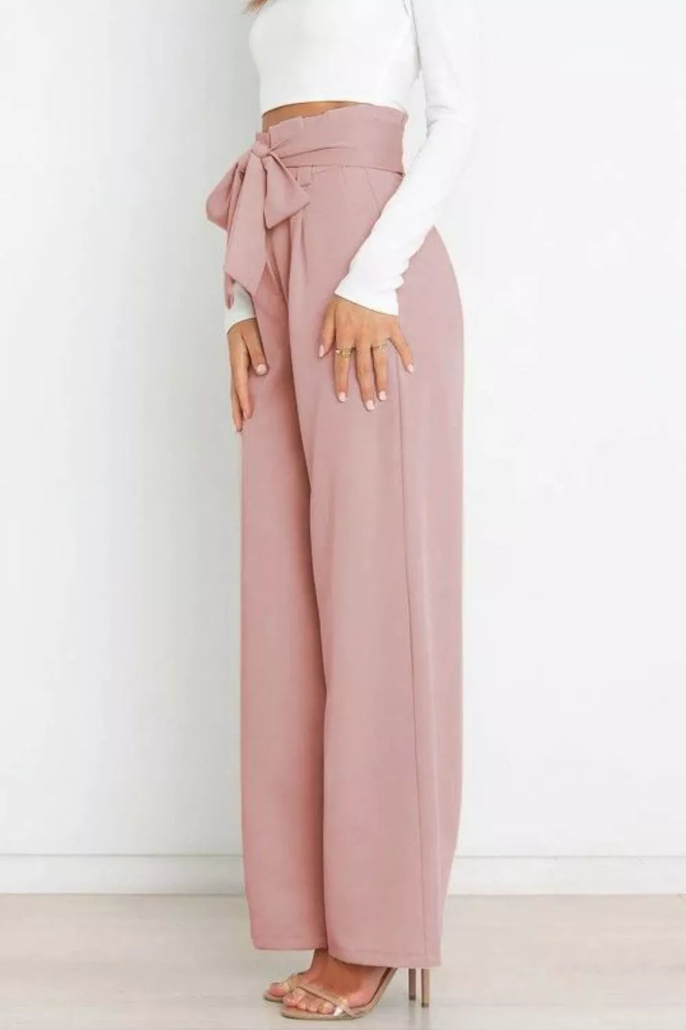 High Waist Tie Front Wide Leg Pants - Image 27