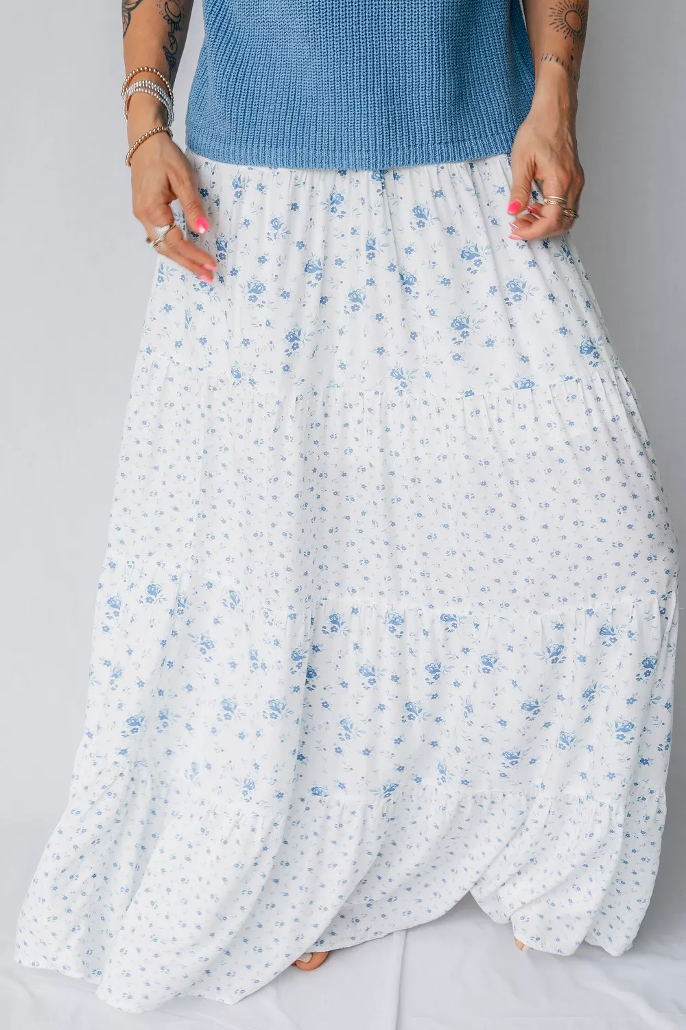 High Waist Tiny Floral Print Boho Maxi Skirt - Image 5