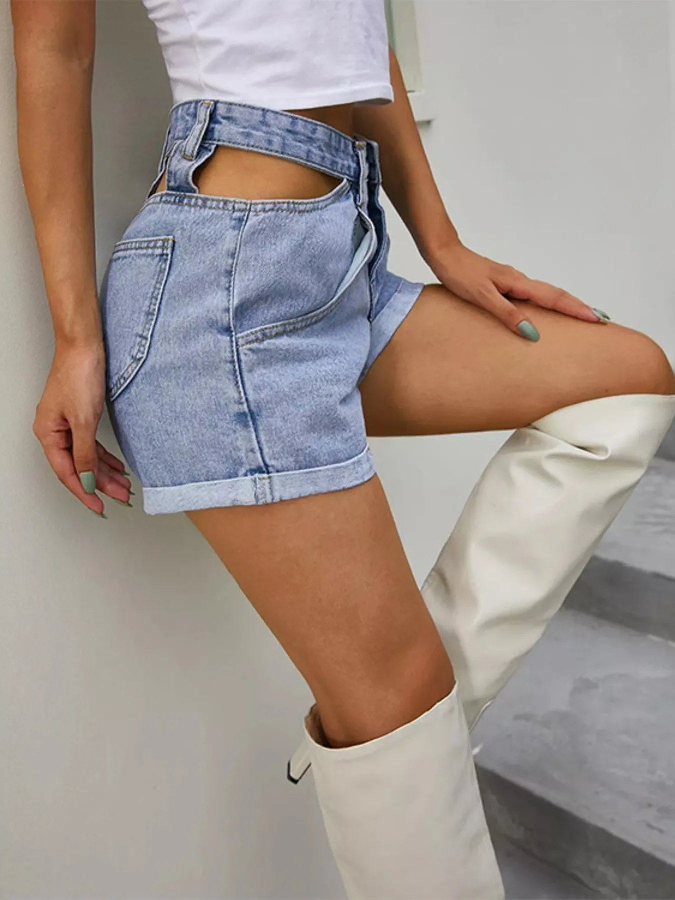 High-Waisted Cutout Denim Shorts - Image 2