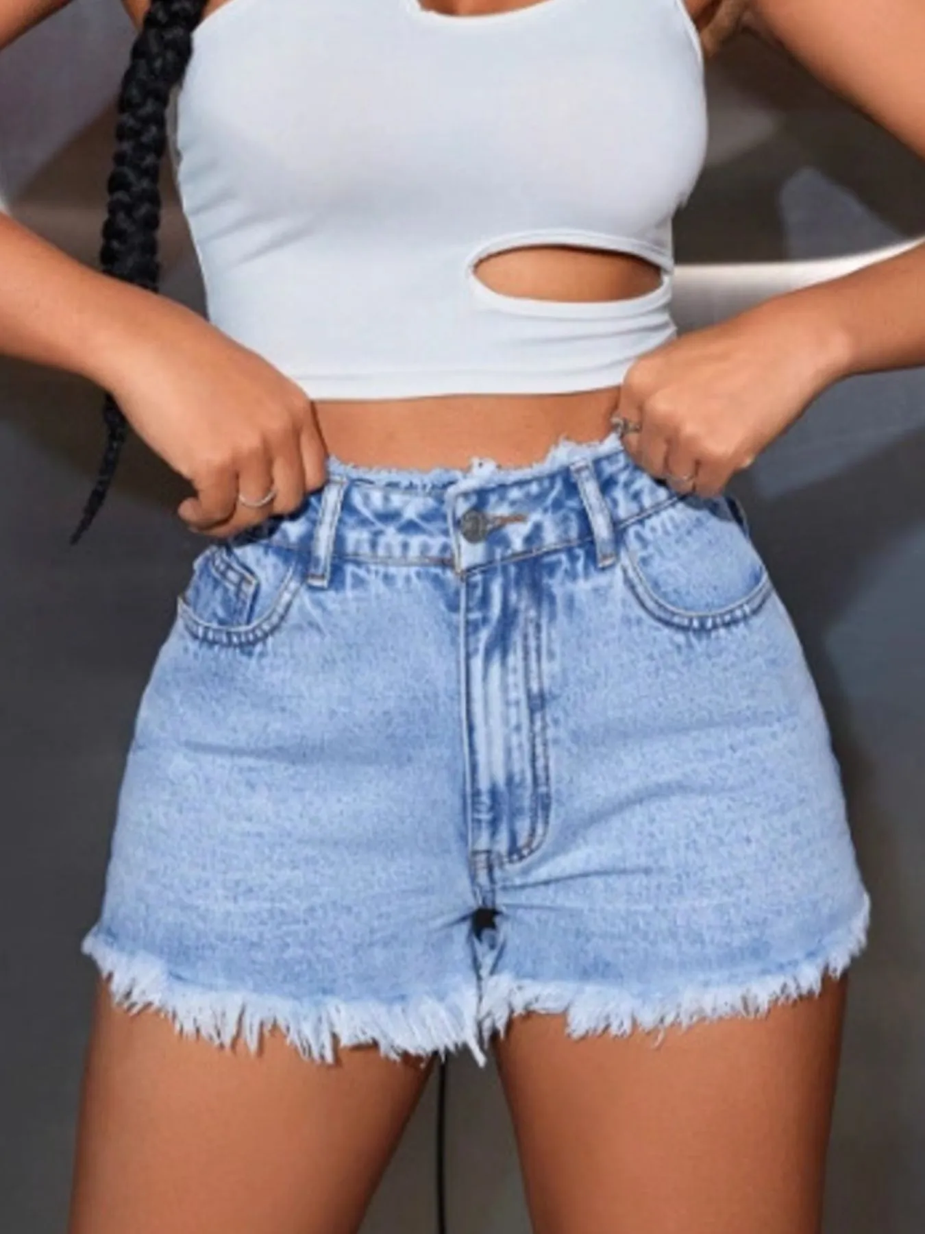 High Waisted Frayed Hem Denim Shorts - Image 6