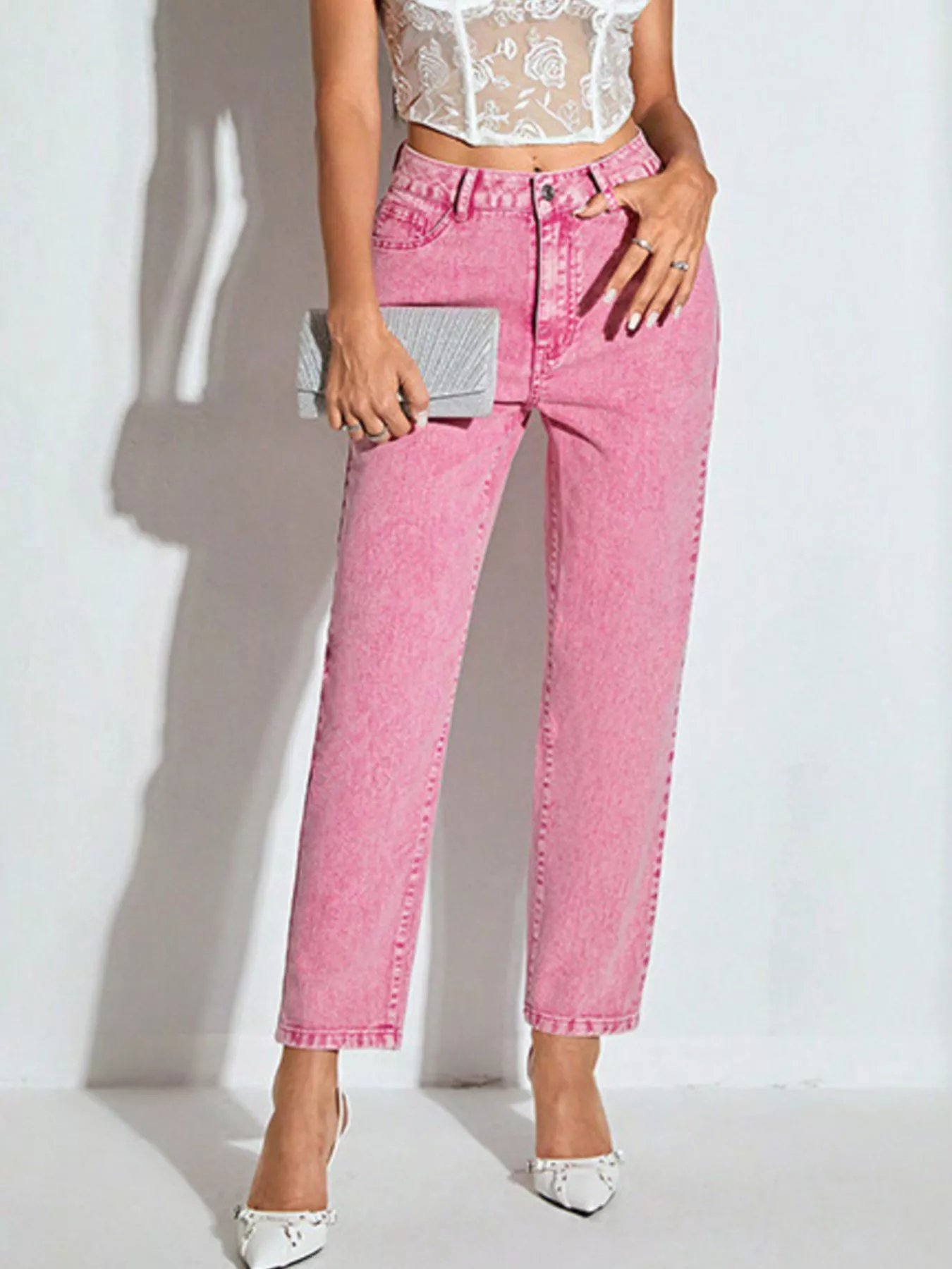 High-Waisted Wash Straight Leg Jeans