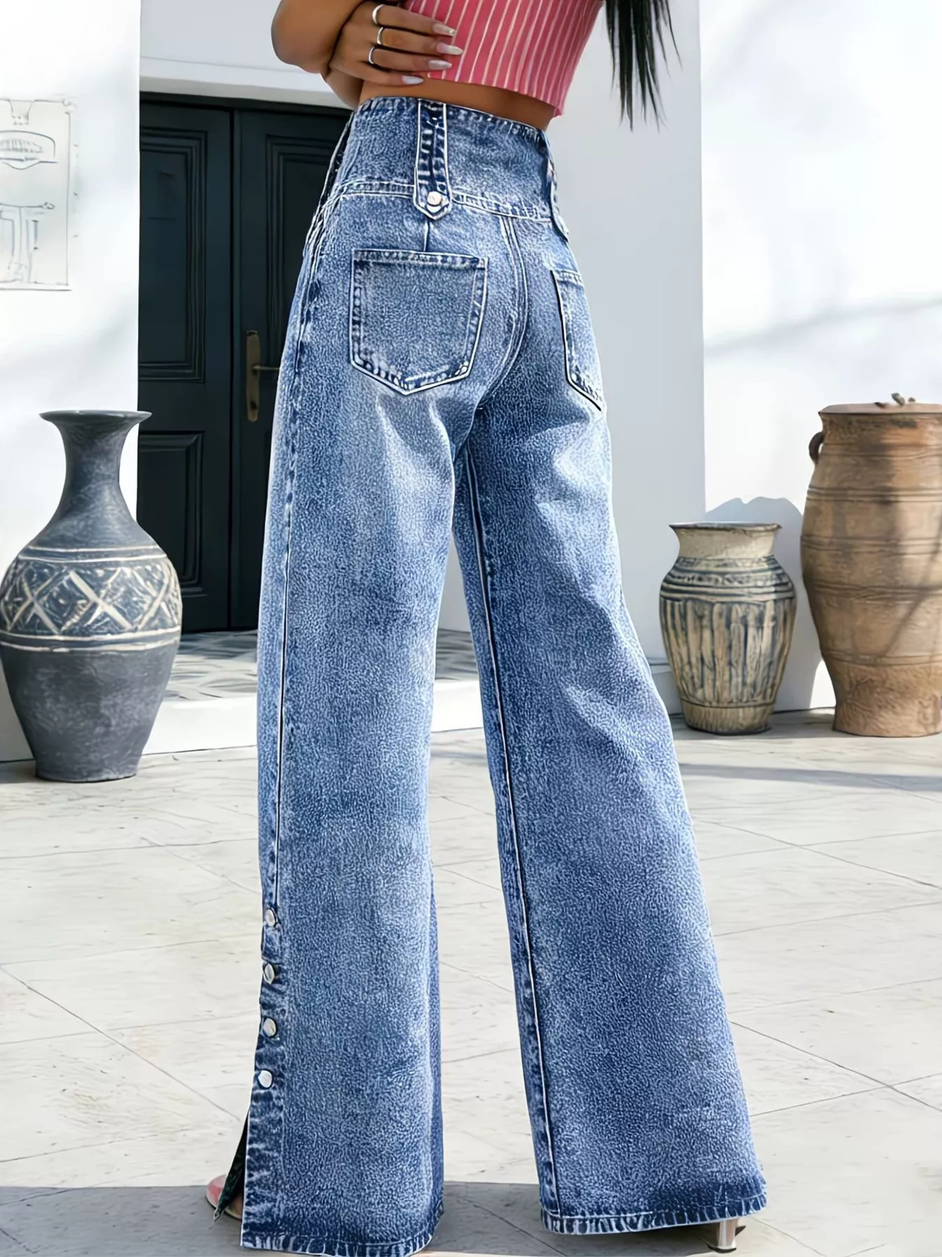 High Waisted Wide Leg Button Fly Jeans - Image 2