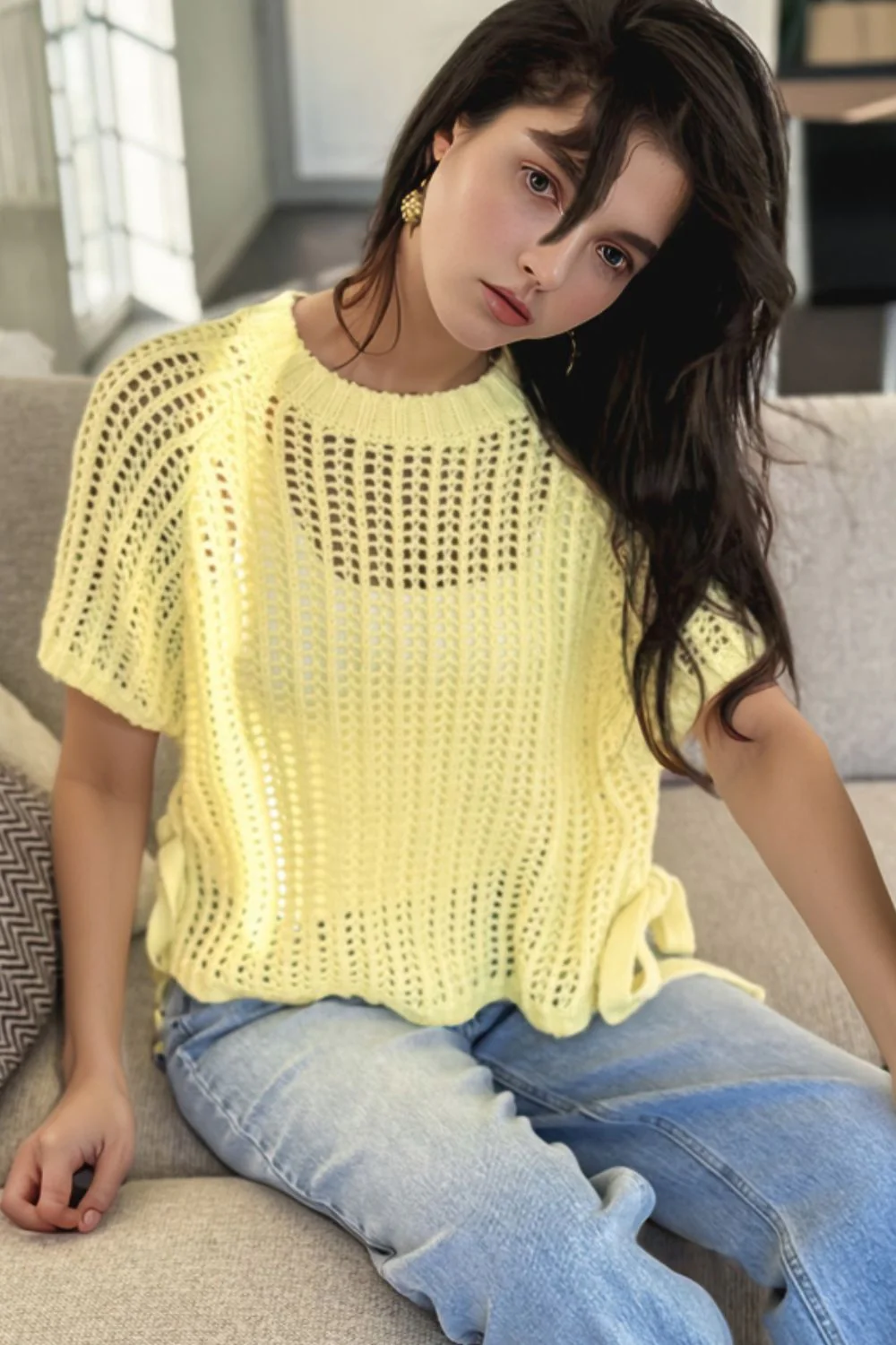 Hollow-out Crochet Side Tied Short Sleeve Knit Cover Up - Image 11