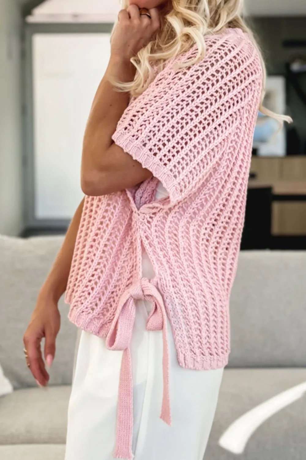 Hollow-out Crochet Side Tied Short Sleeve Knit Cover Up - Image 2