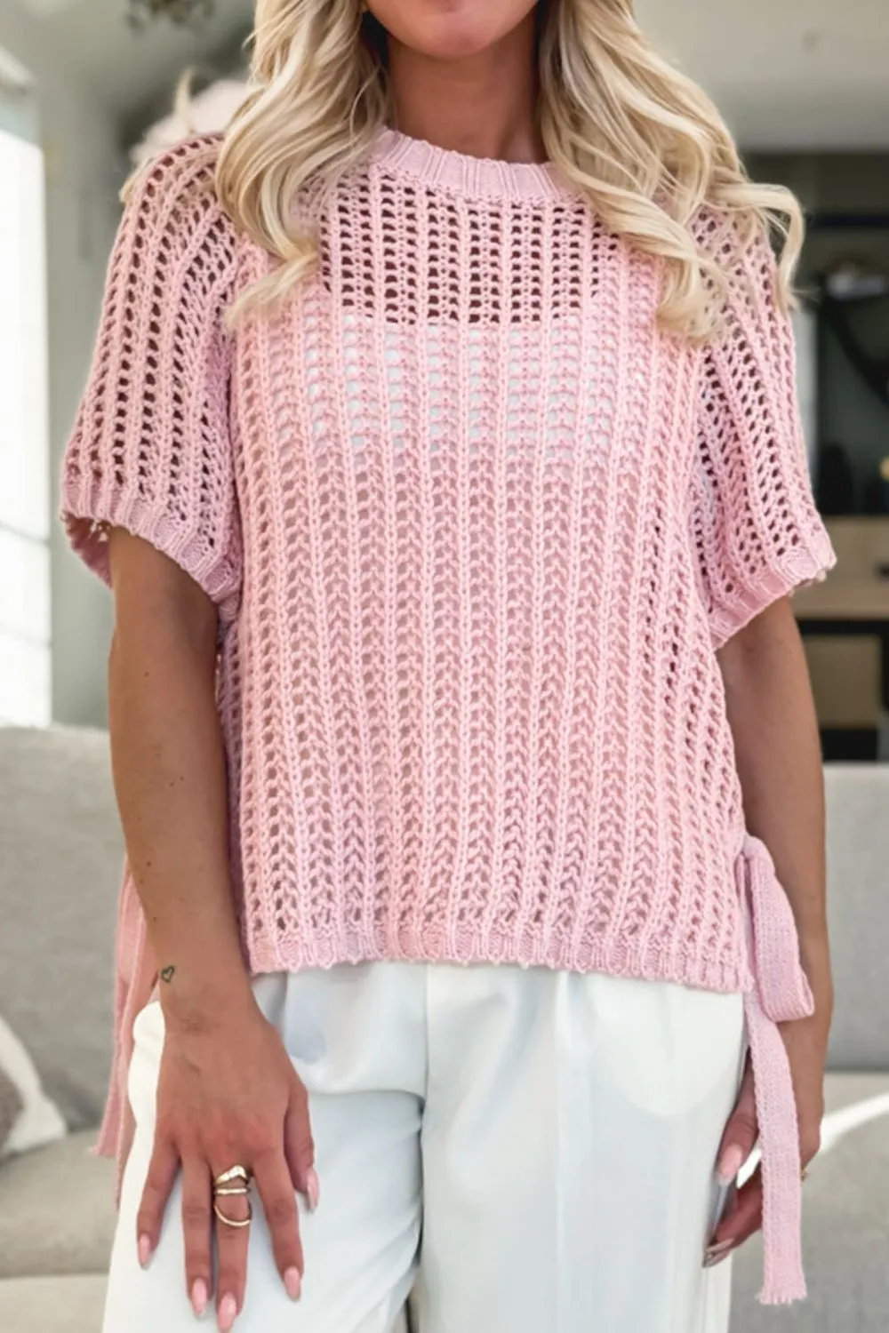 Hollow-out Crochet Side Tied Short Sleeve Knit Cover Up - Image 3