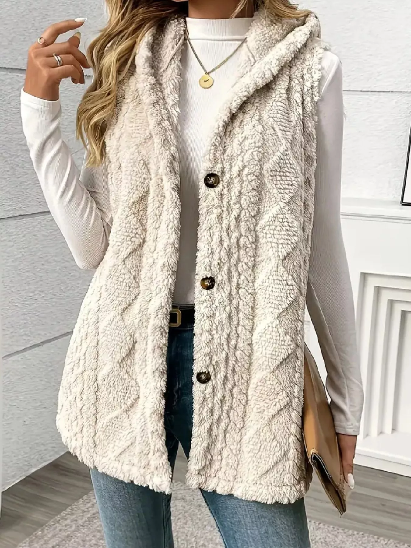 Hooded Button-Up Sherpa Vest Coat - Image 5