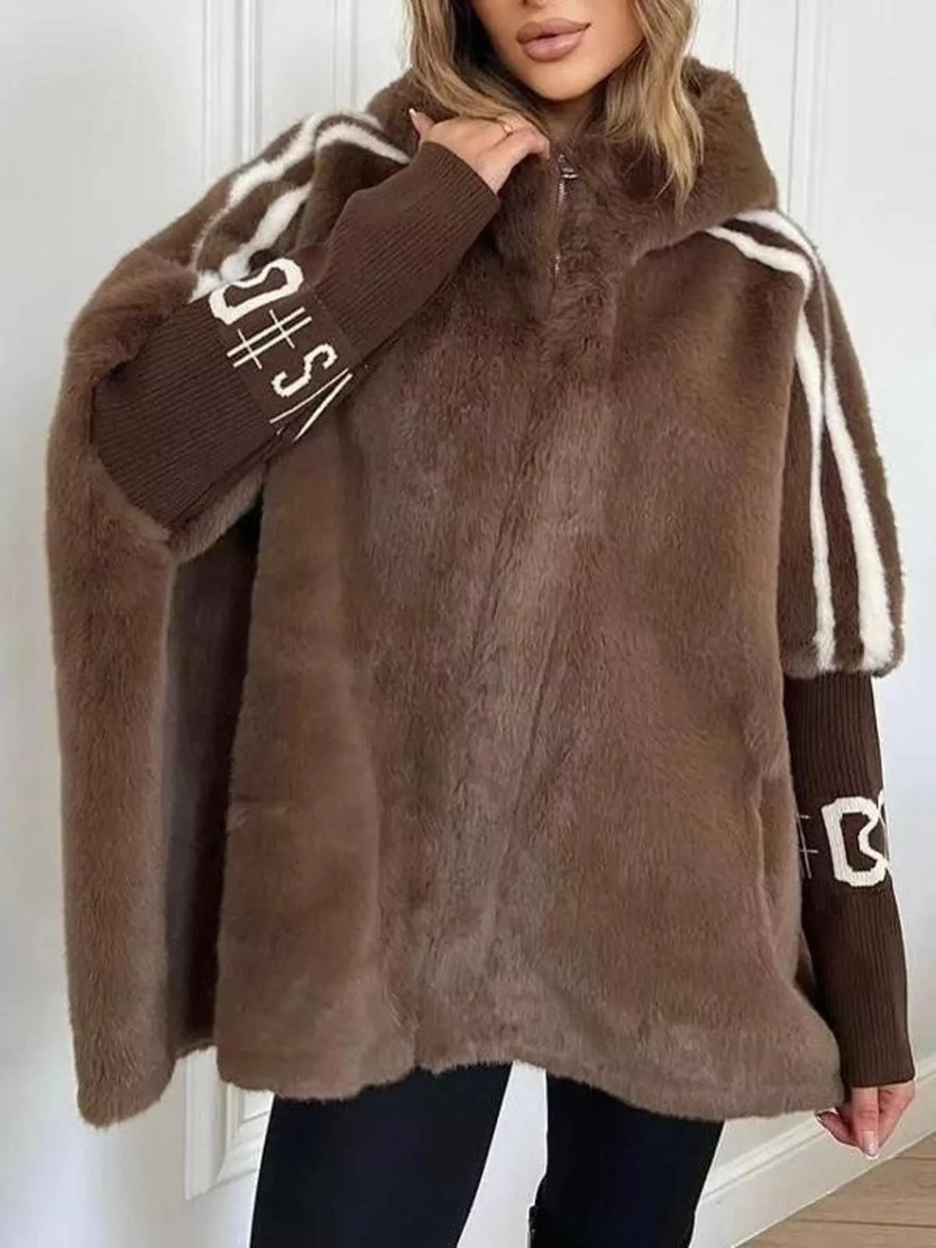 Hooded Faux Fur Striped Trim Outerwear - Image 8