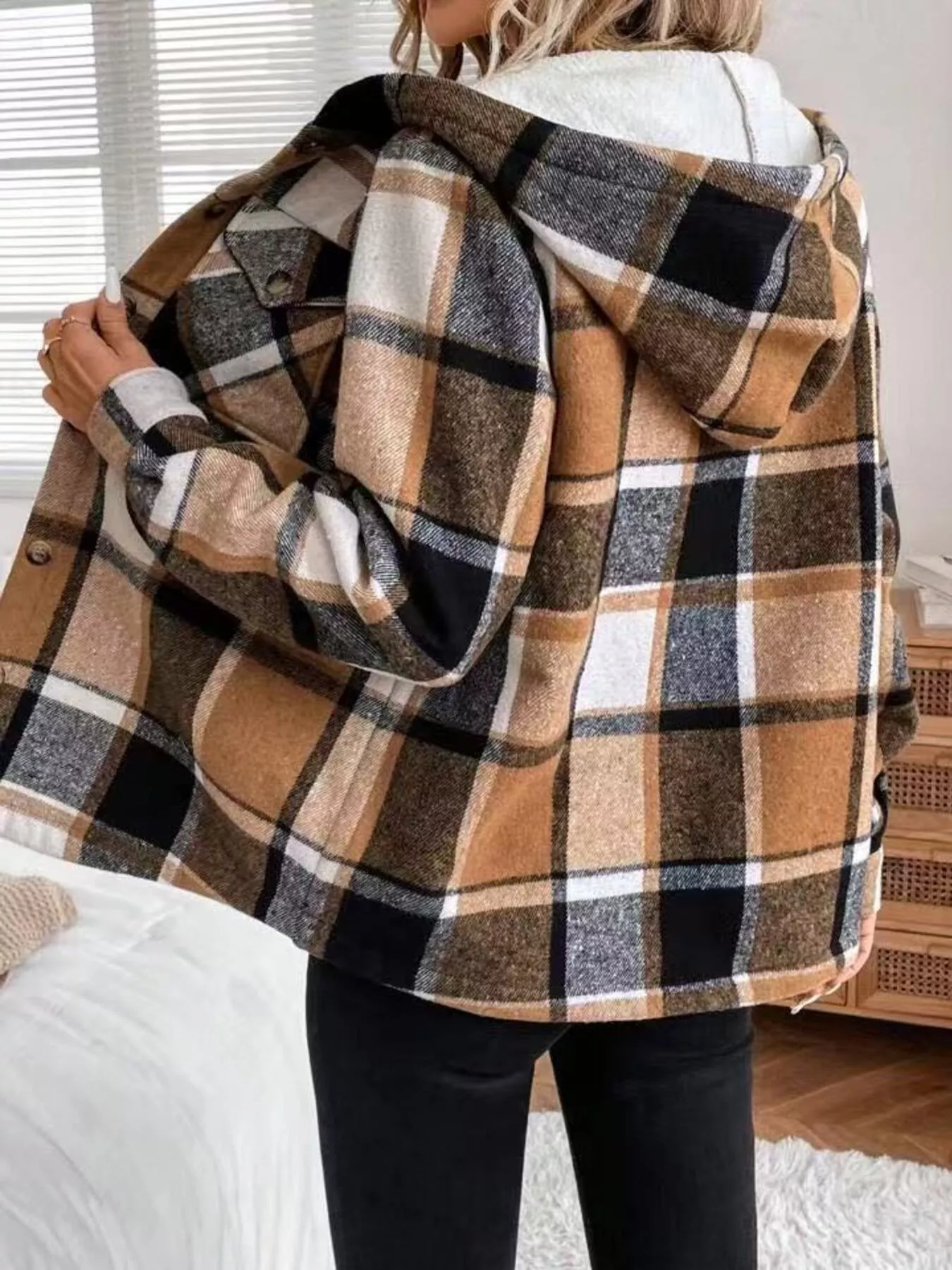 Hooded Plaid Button Up Jacket - Image 2
