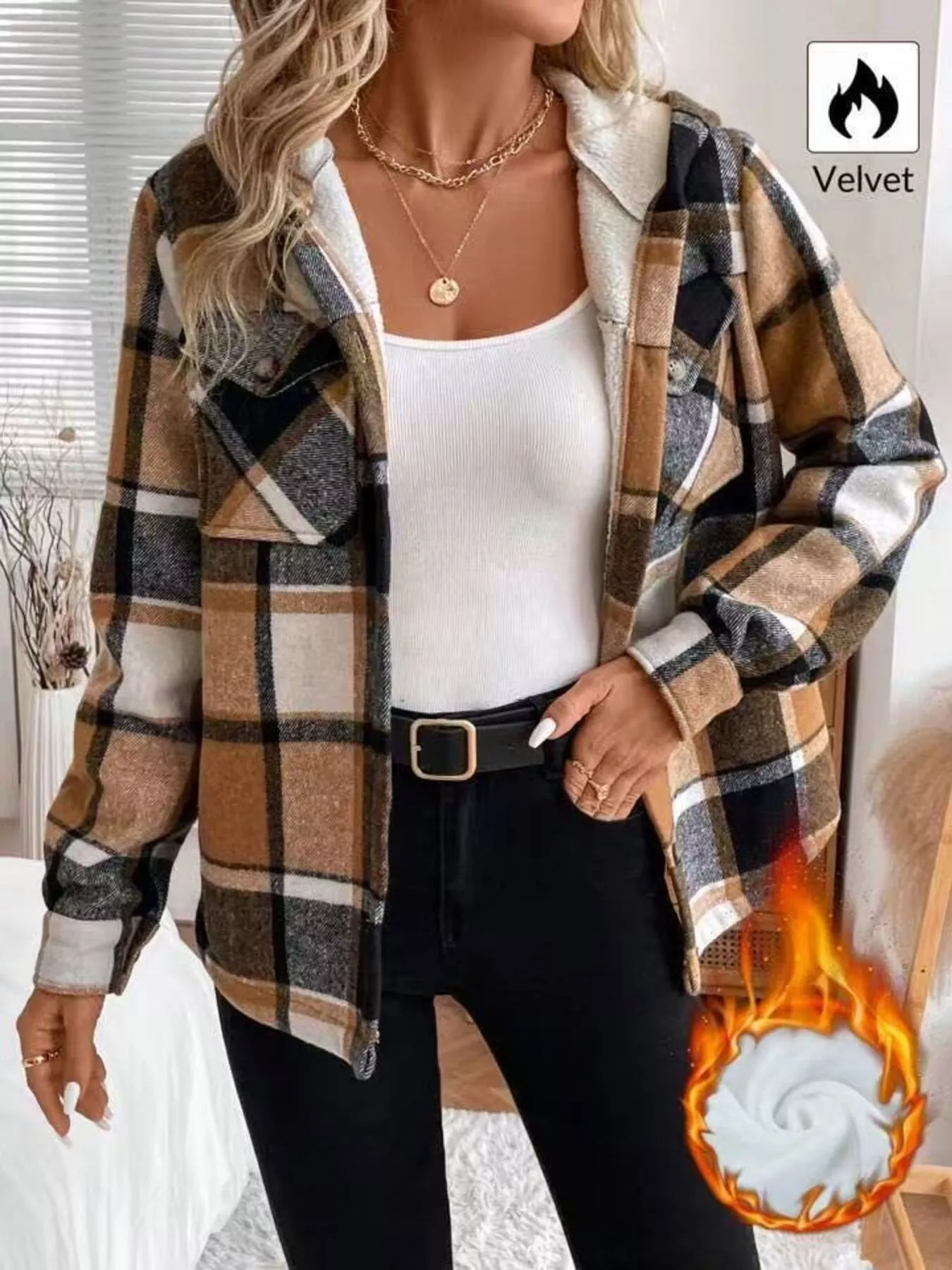Hooded Plaid Button Up Jacket - Image 5