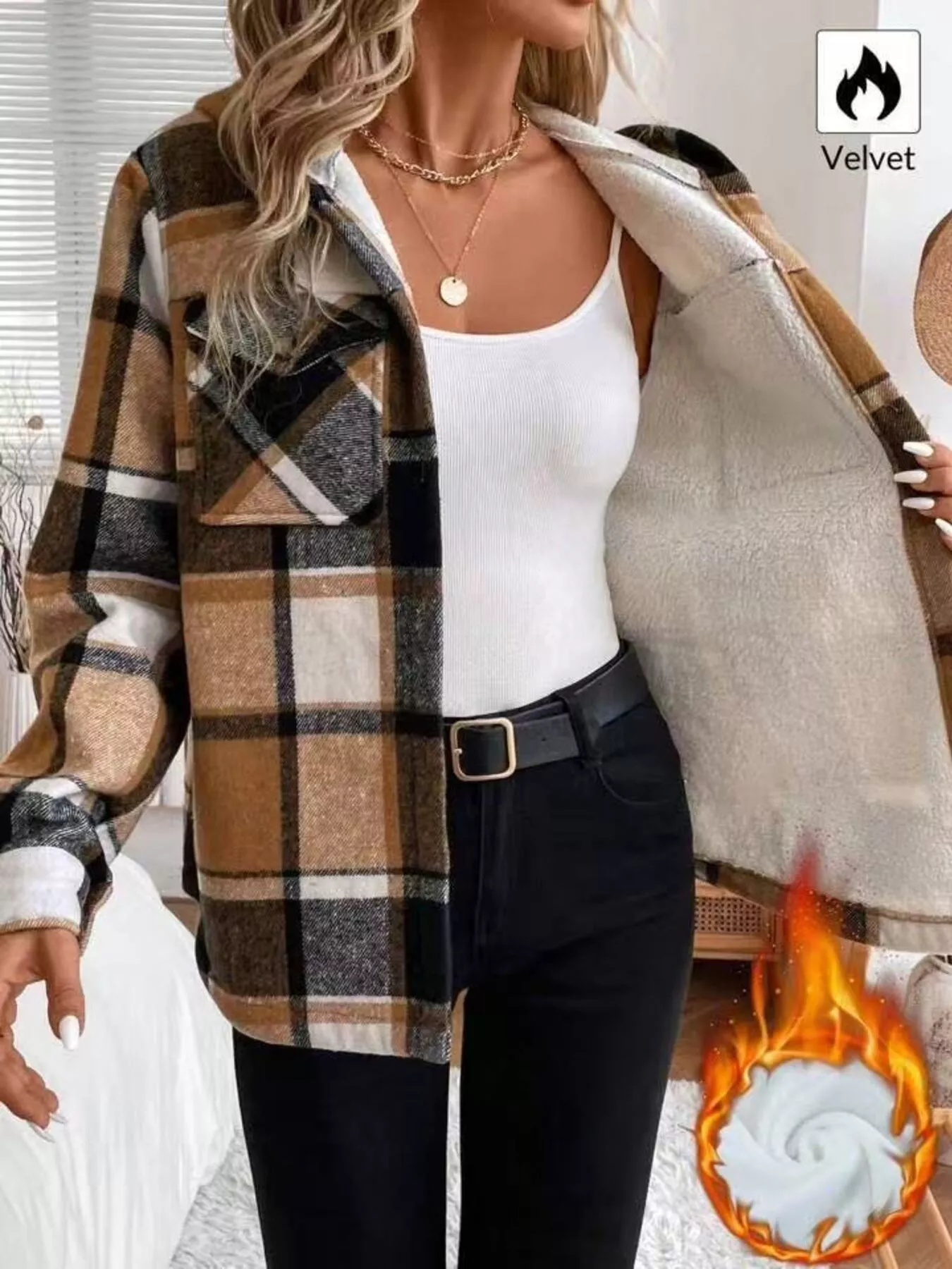 Hooded Plaid Button Up Jacket - Image 6