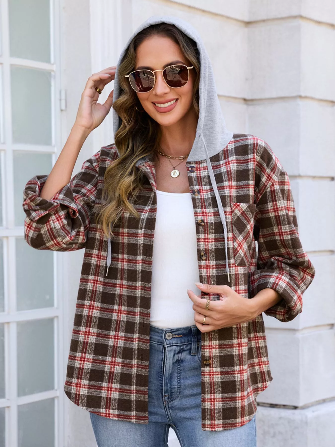 Hooded Plaid Button-Up Shacket - Image 10