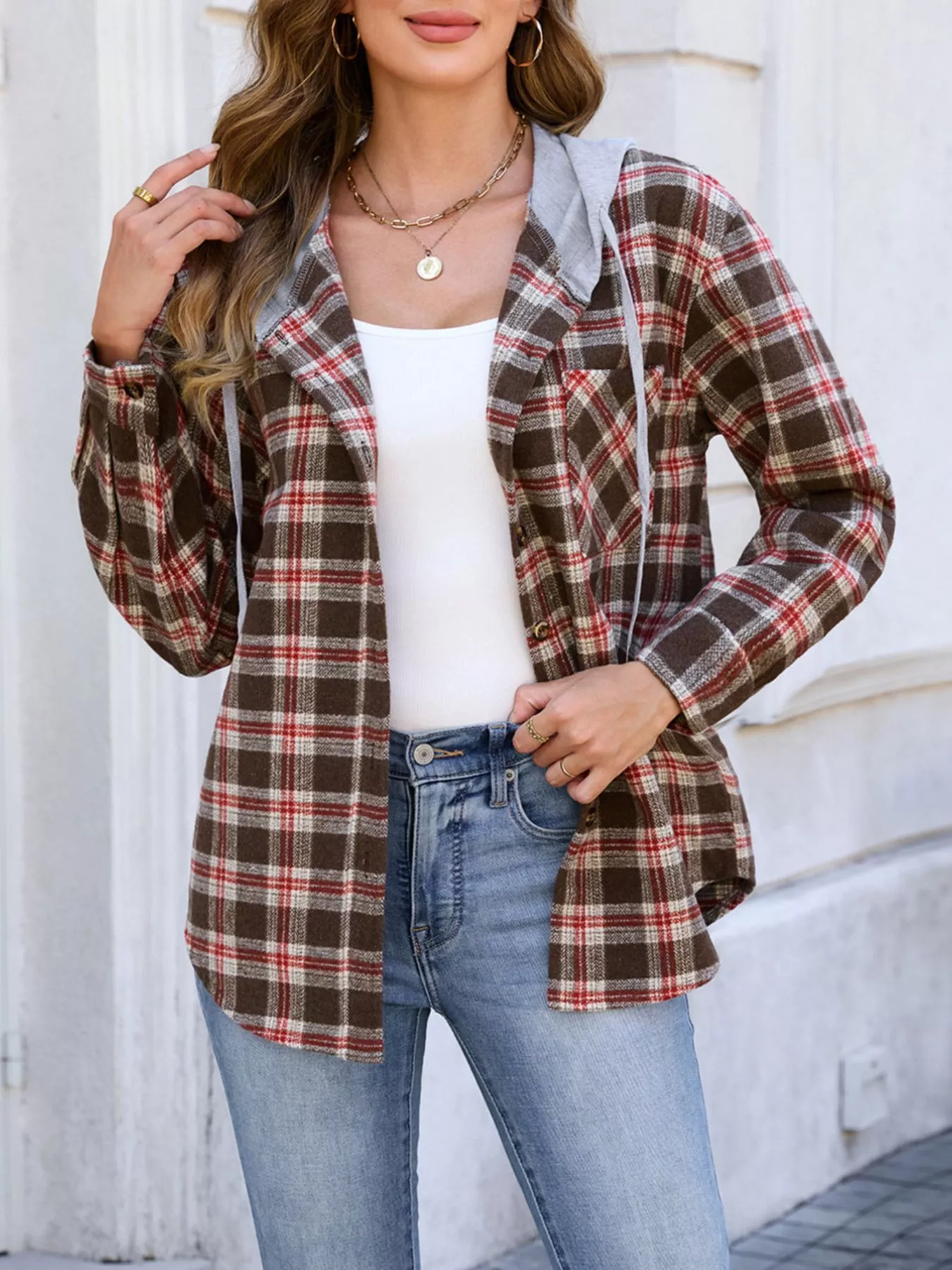 Hooded Plaid Button-Up Shacket - Image 7