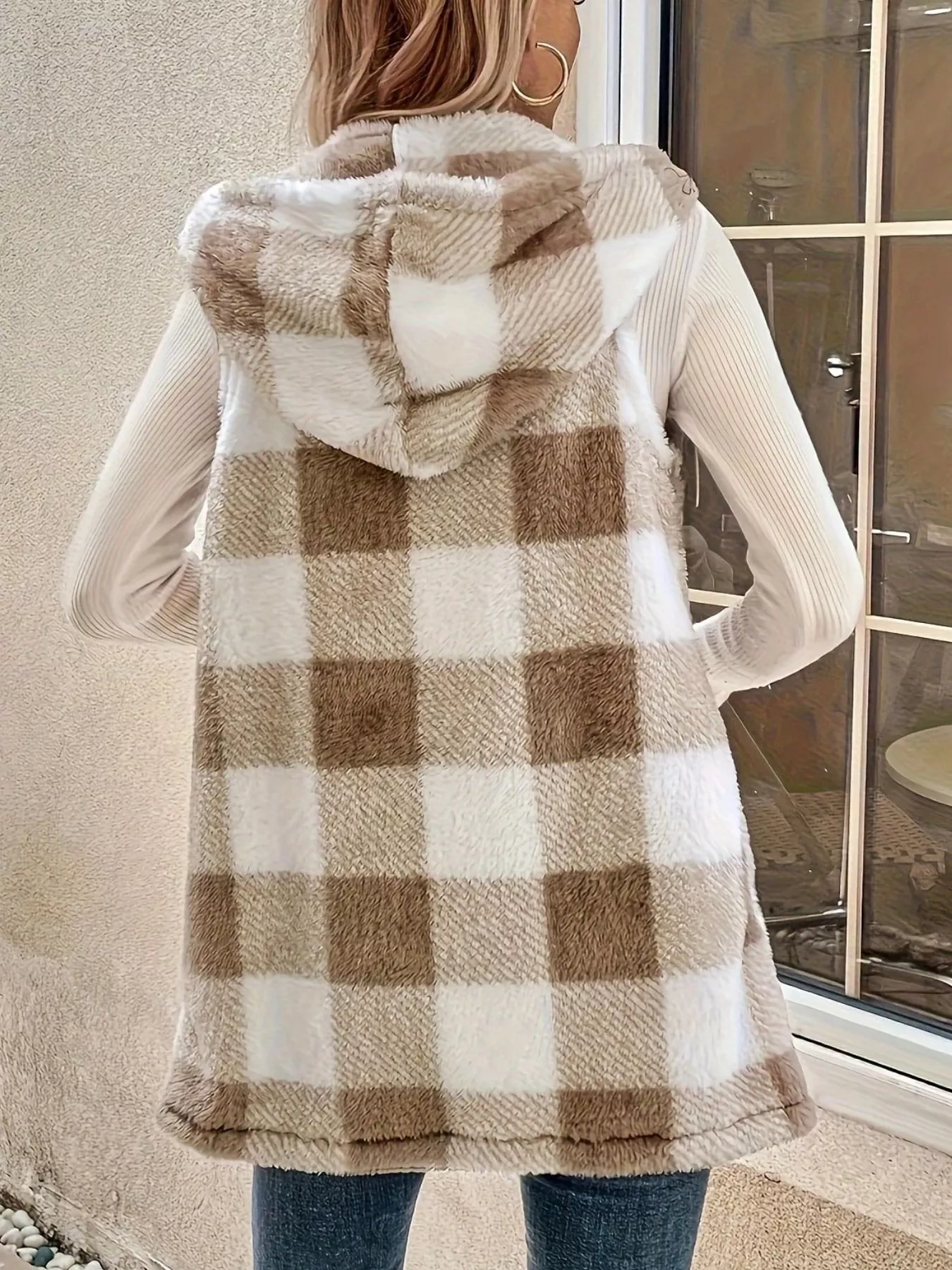 Hooded Plaid Sherpa Vest Coat - Image 3