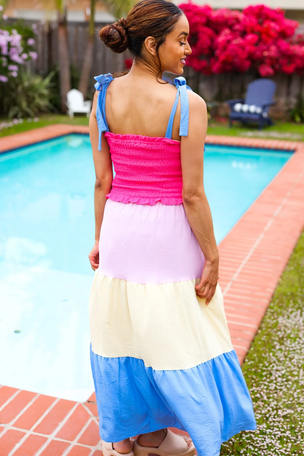 Vacay Vibes Hot Pink & Blue Smocked Color Block Maxi Dress - Image 3