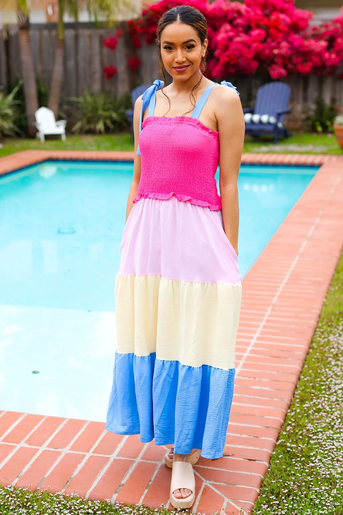 Vacay Vibes Hot Pink & Blue Smocked Color Block Maxi Dress - Image 8