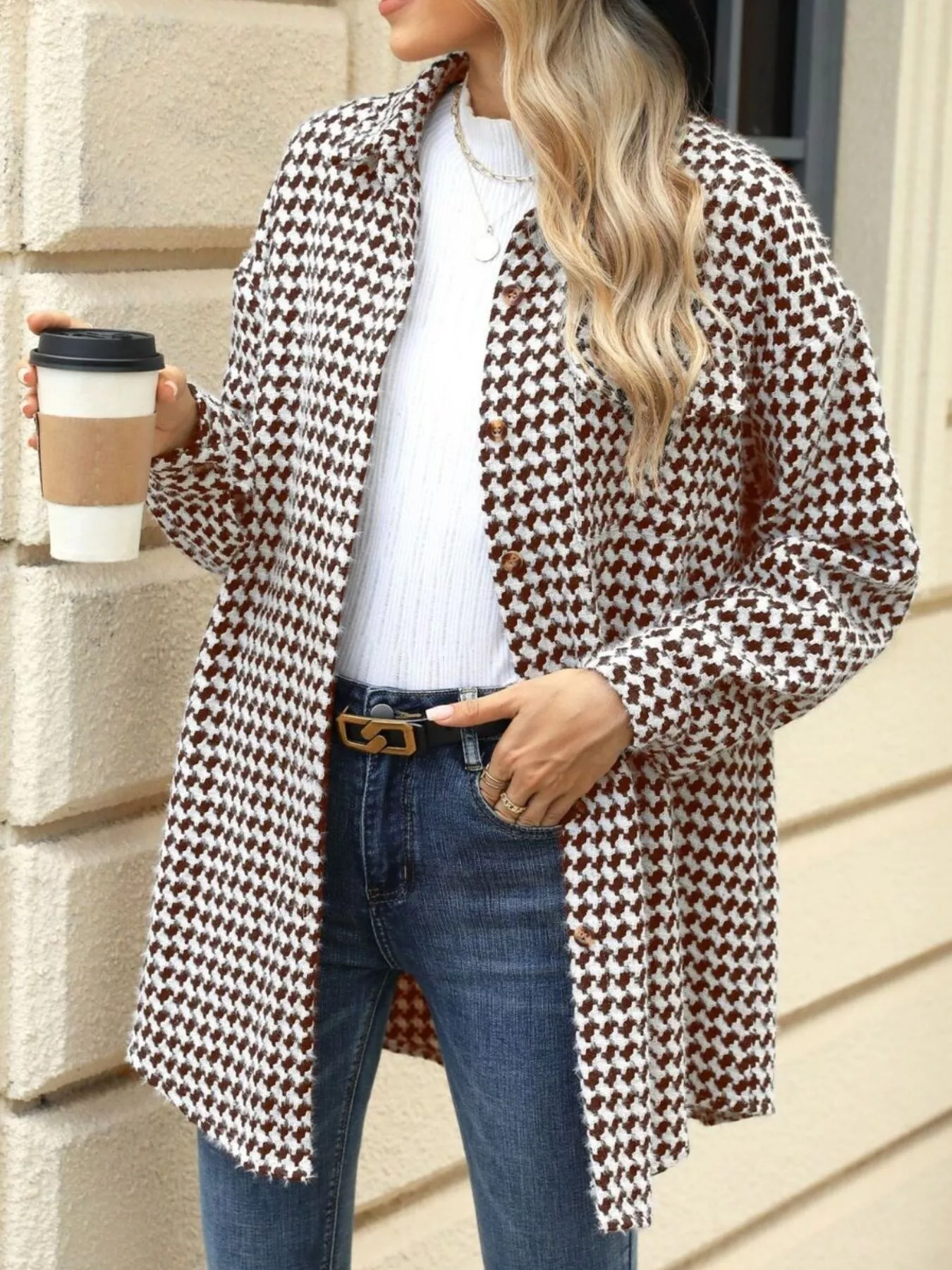 Houndstooth Button Up Long Sleeve Coat - Image 14