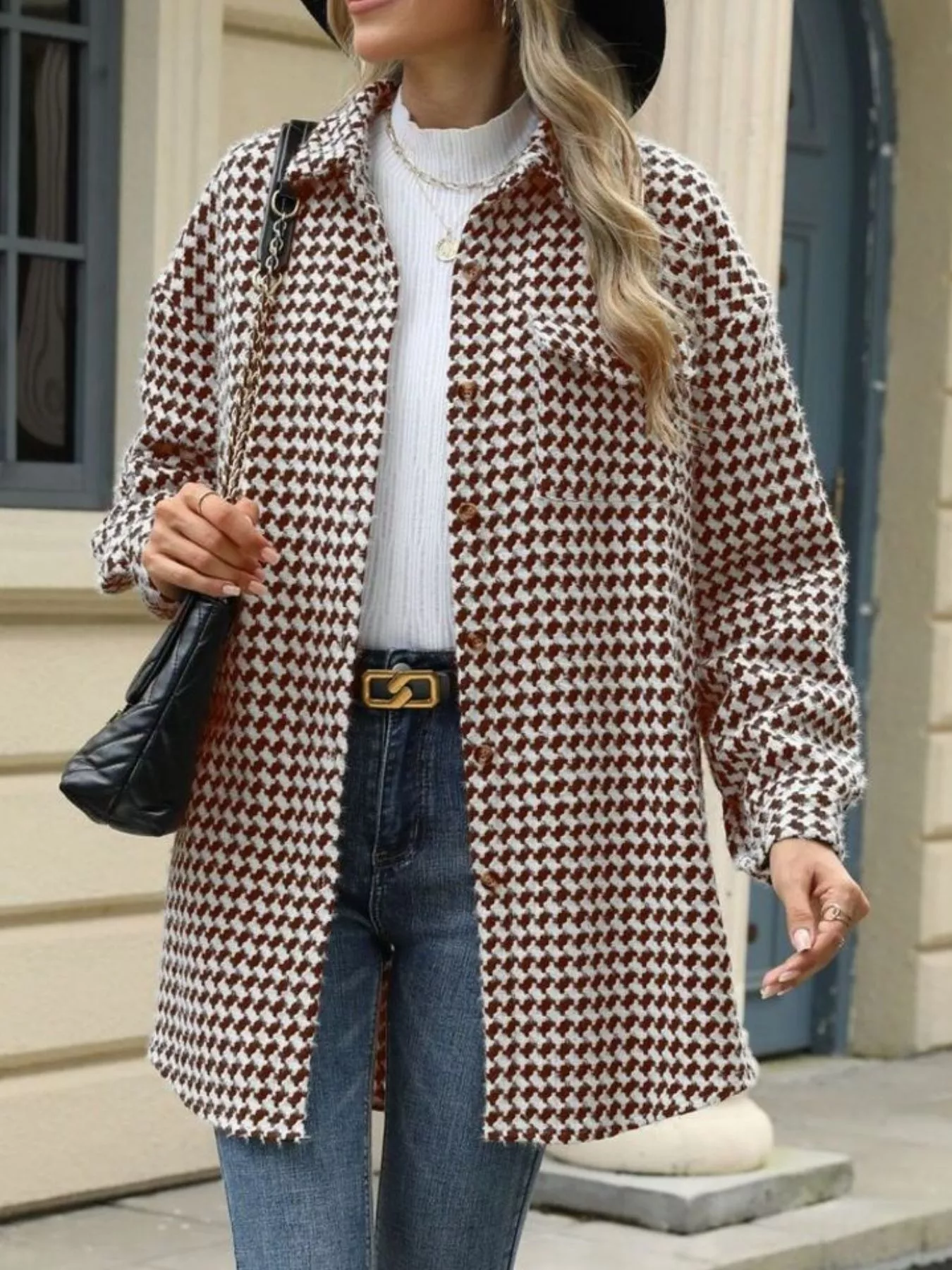 Houndstooth Button Up Long Sleeve Coat - Image 18