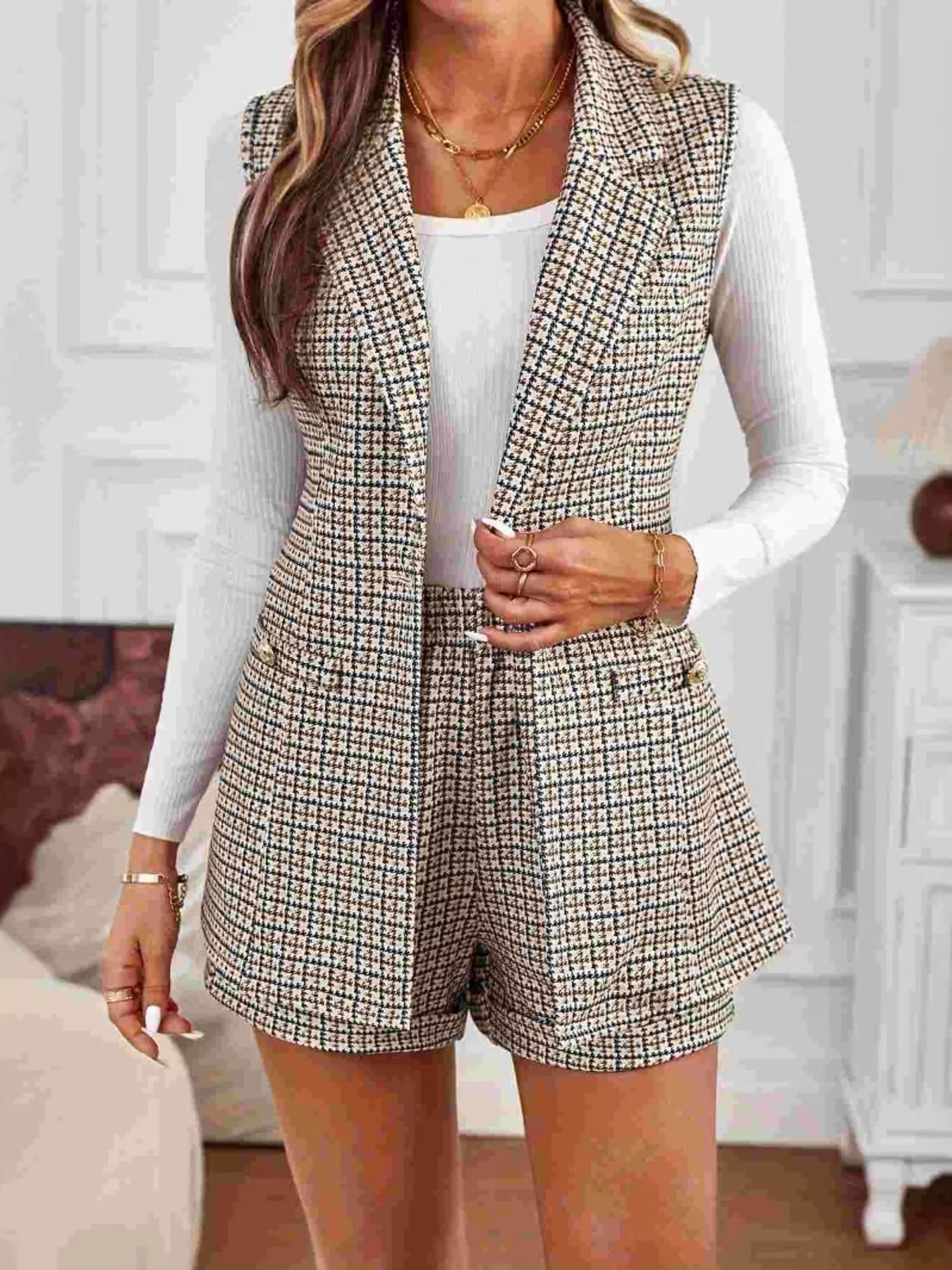 Houndstooth Lapel Collar Vest Coat and Shorts Set - Image 4