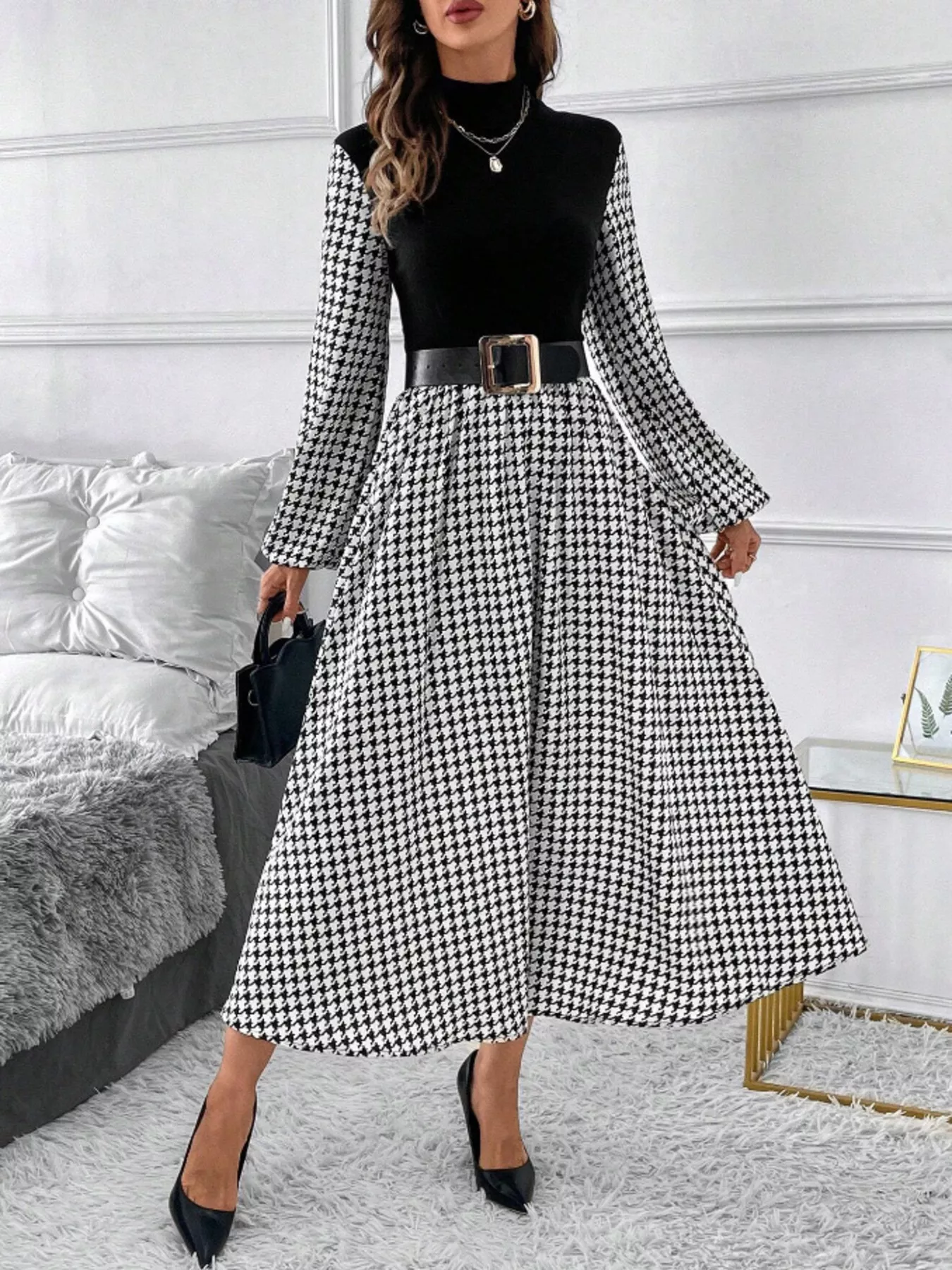 Houndstooth Mock Neck A-Line Dress - Image 5