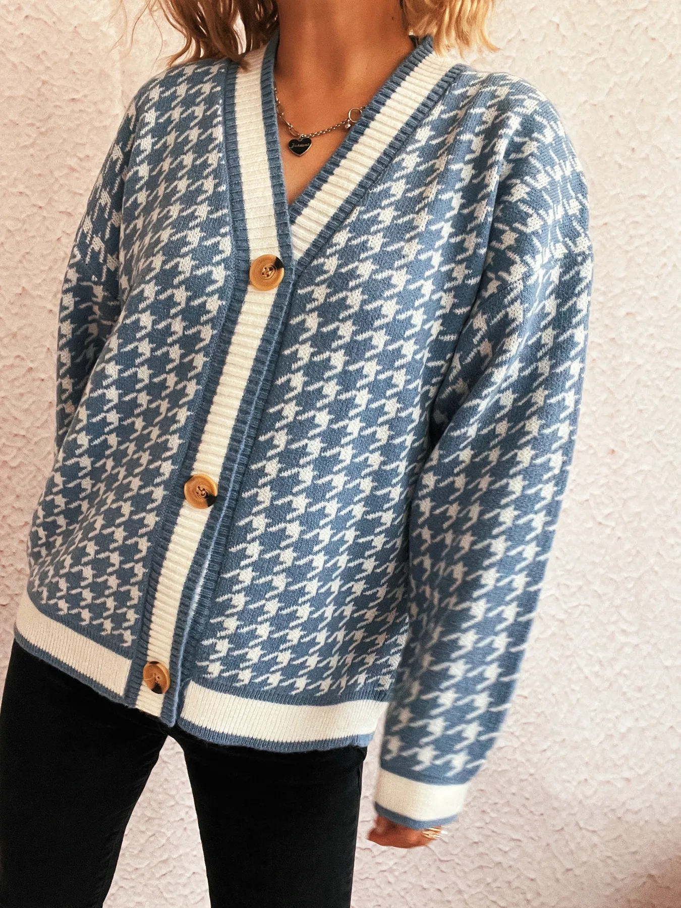 Houndstooth Pattern V-Neck Button-Up Cardigan - Image 12
