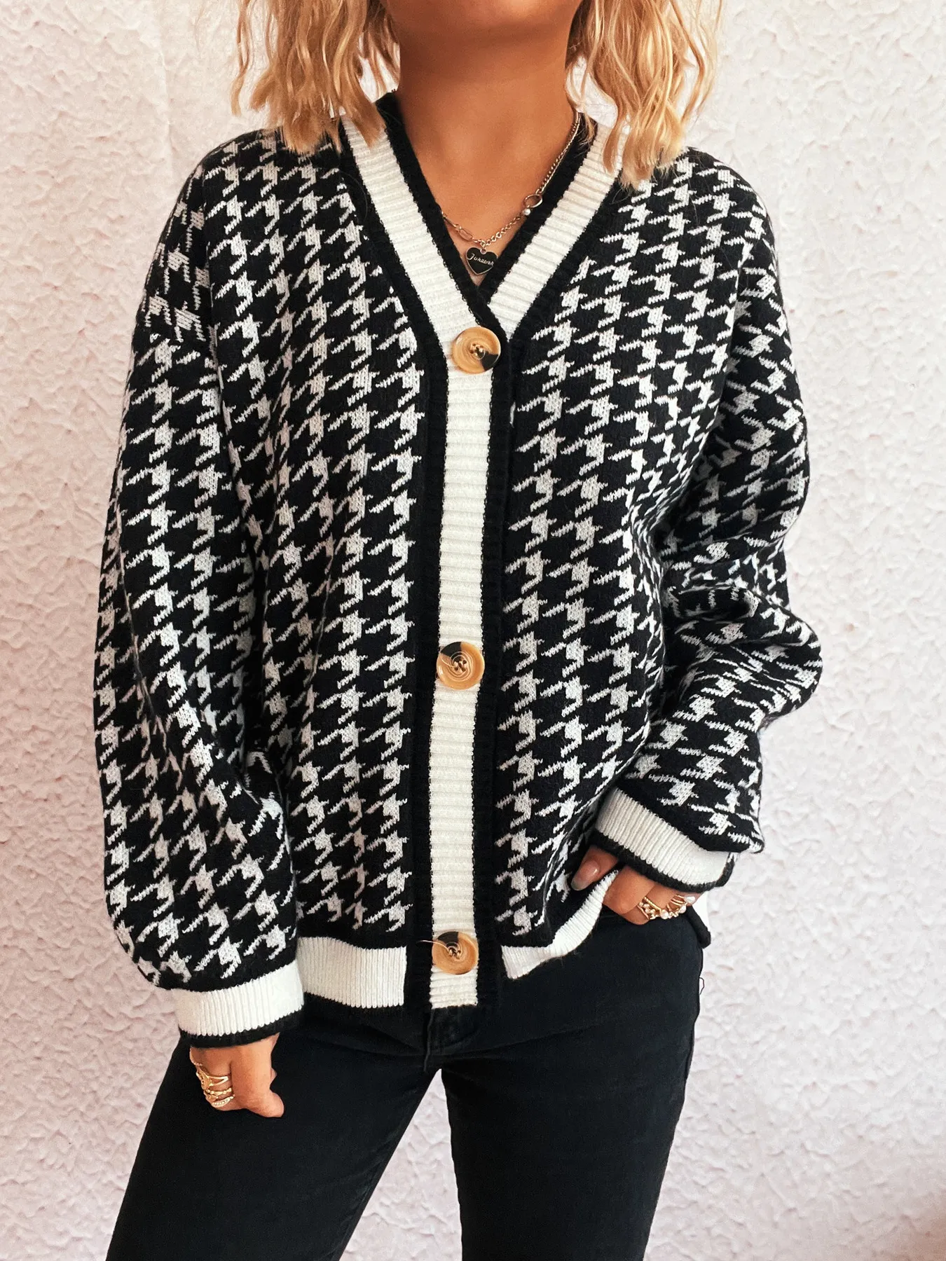 Houndstooth Pattern V-Neck Button-Up Cardigan - Image 2
