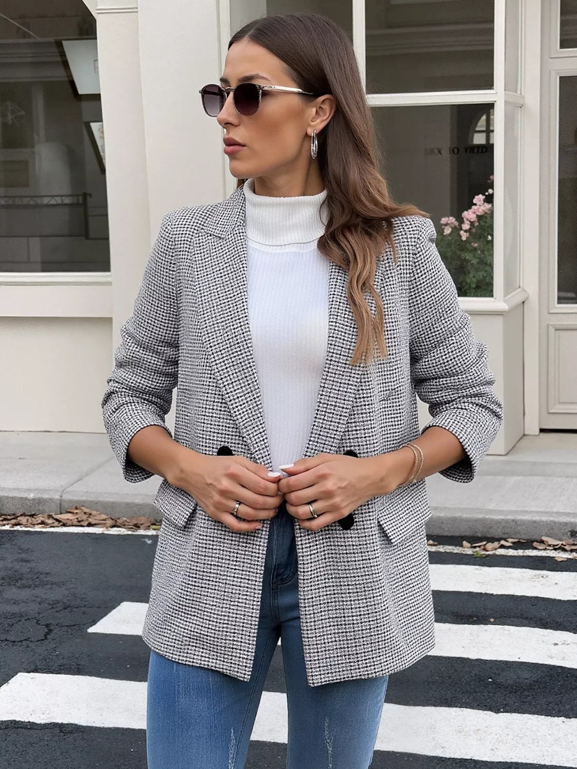 Houndstooth Patterned Double-Breasted Blazer - Image 2