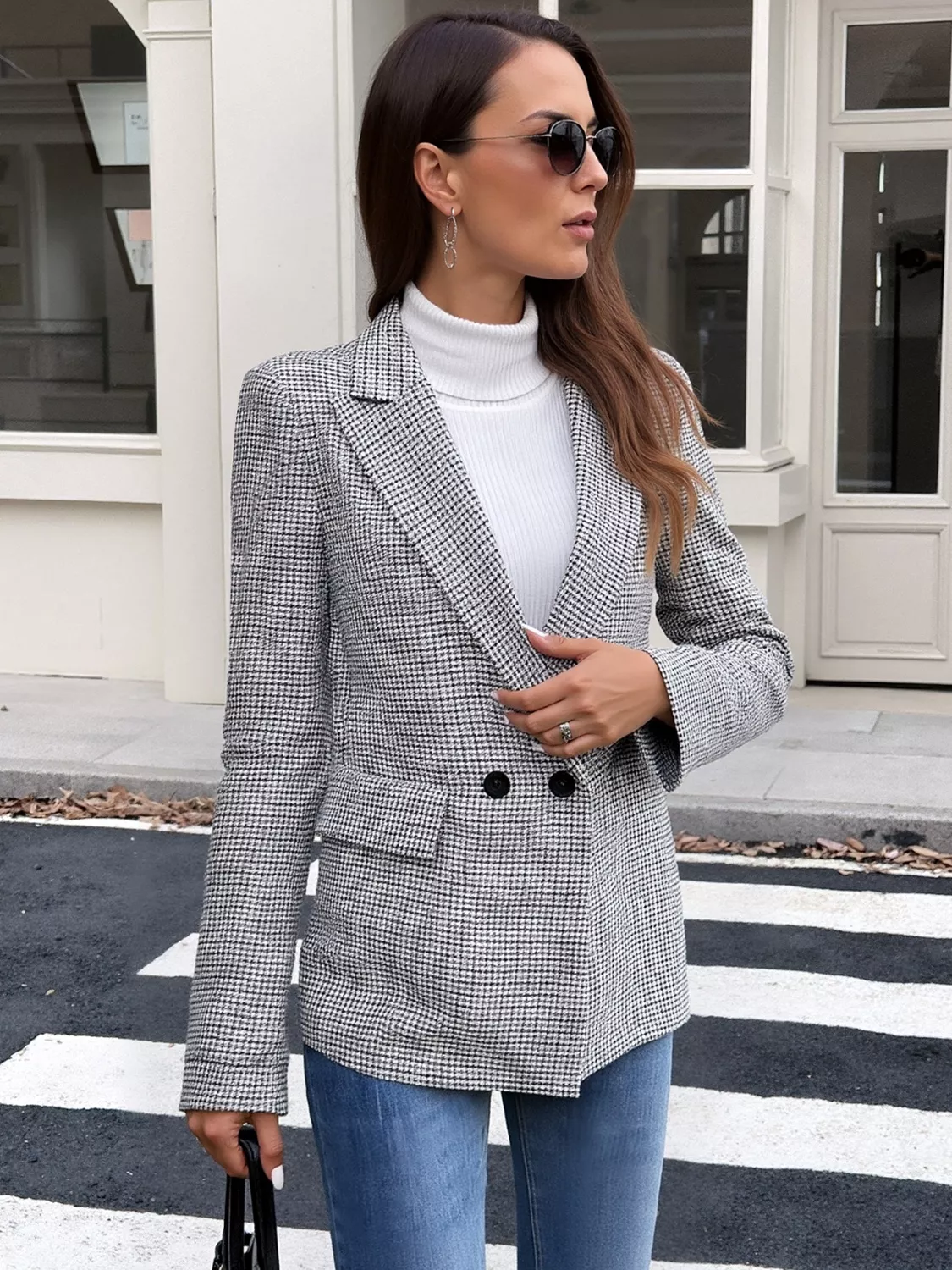 Houndstooth Patterned Double-Breasted Blazer - Image 4