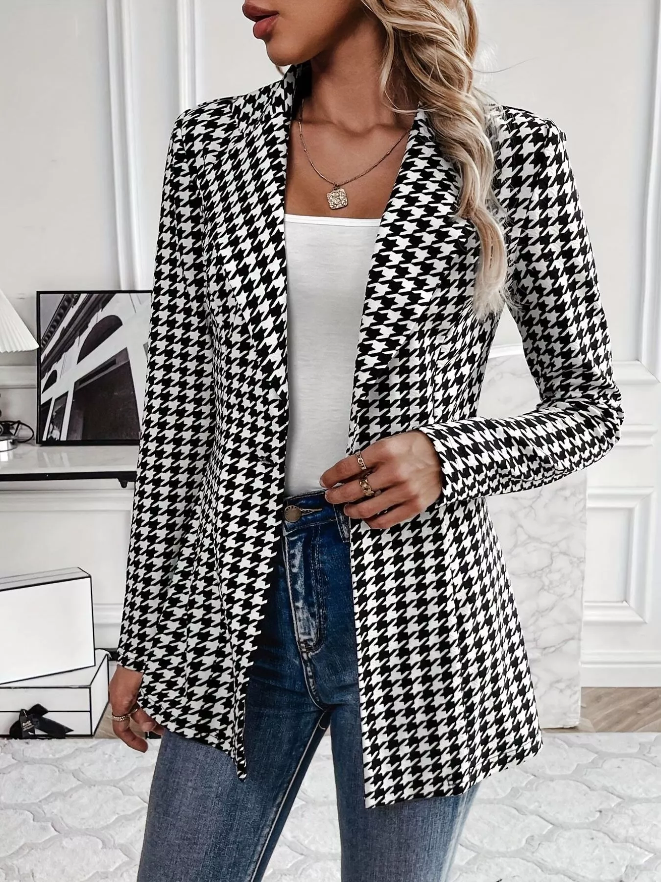 Houndstooth Print Lapel Collar Blazer - Image 3