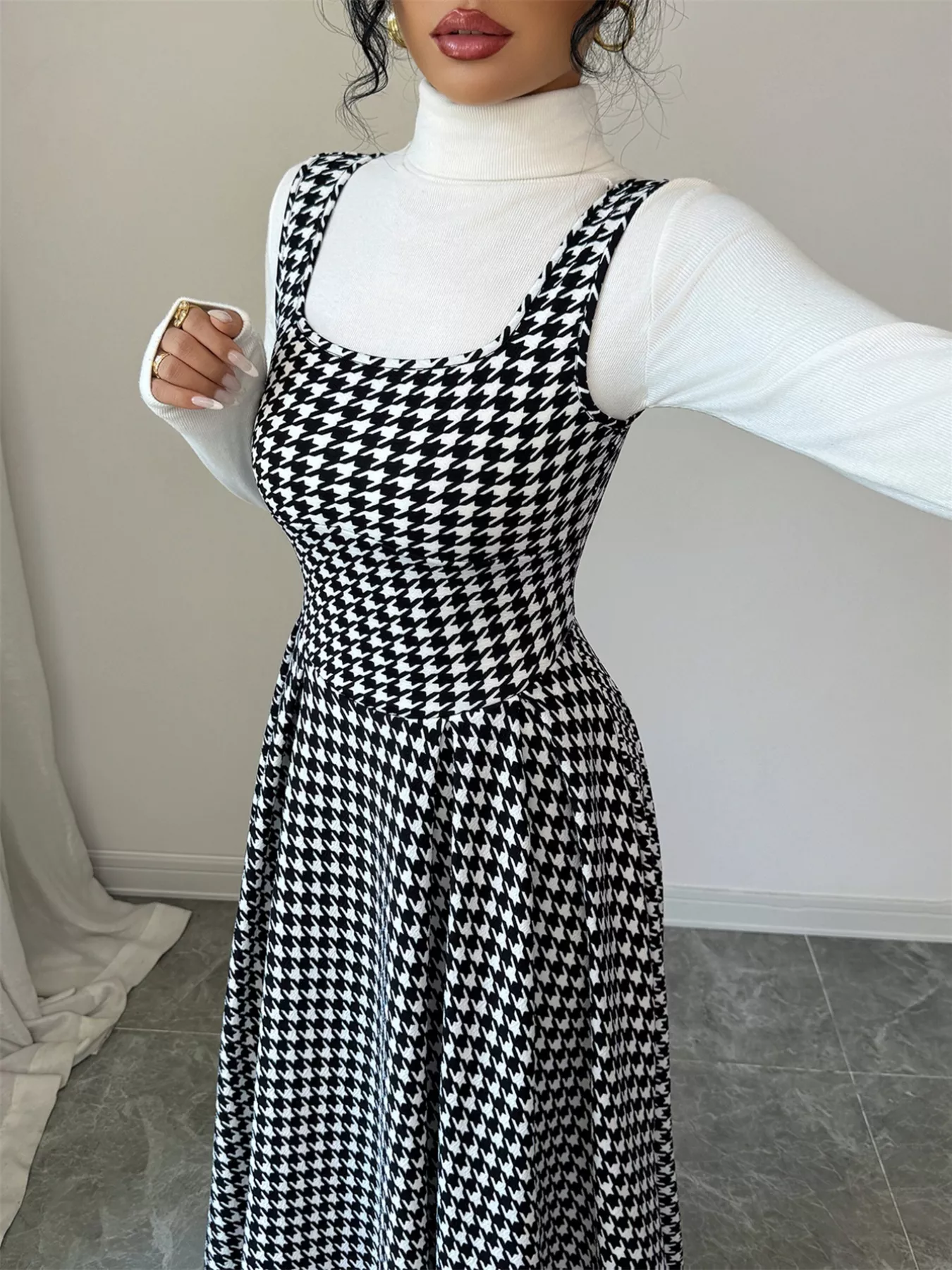 Houndstooth Sleeveless A-Line Dress - Image 3