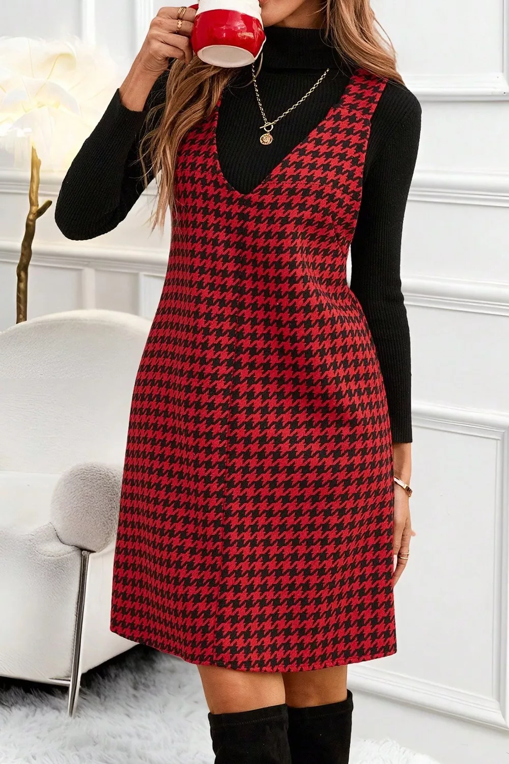 Houndstooth V-Neck Sleeveless Mini Dress - Image 6