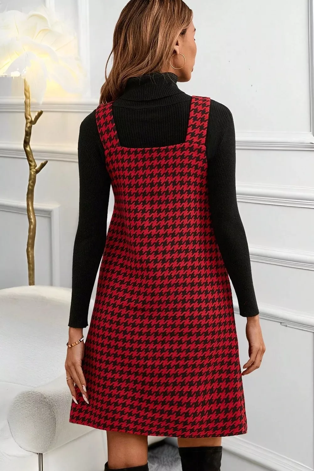 Houndstooth V-Neck Sleeveless Mini Dress - Image 8